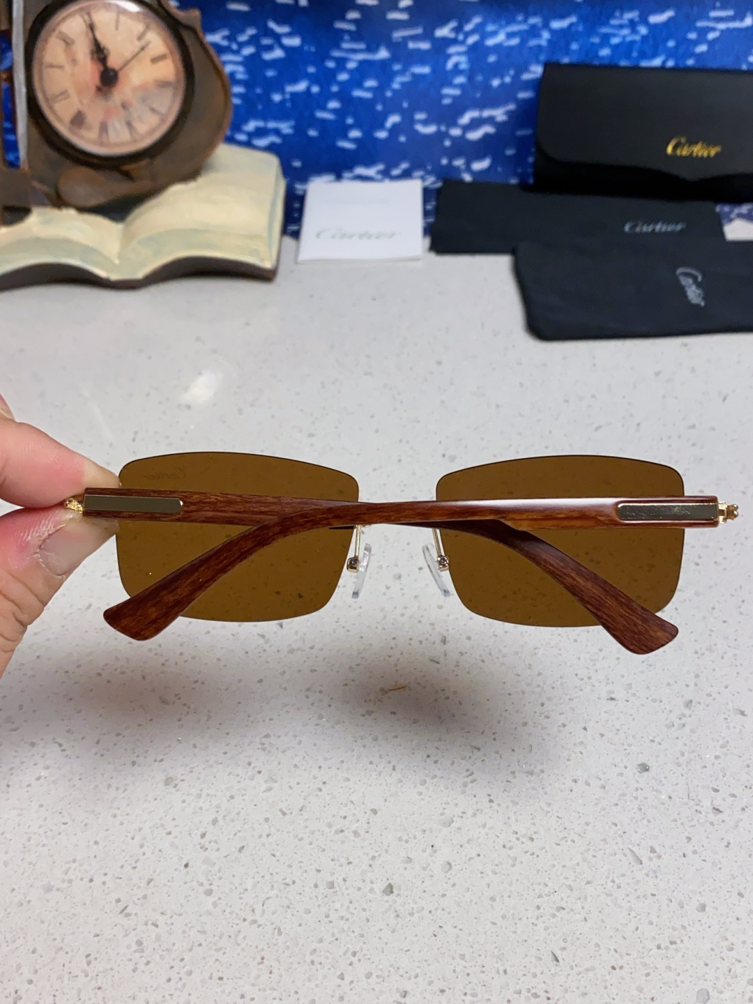Cartier卡地亚 2025新款男士无框太阳镜方形欧美潮个性木腿墨镜嘻哈拽酷太阳镜遮阳潮流男女通用