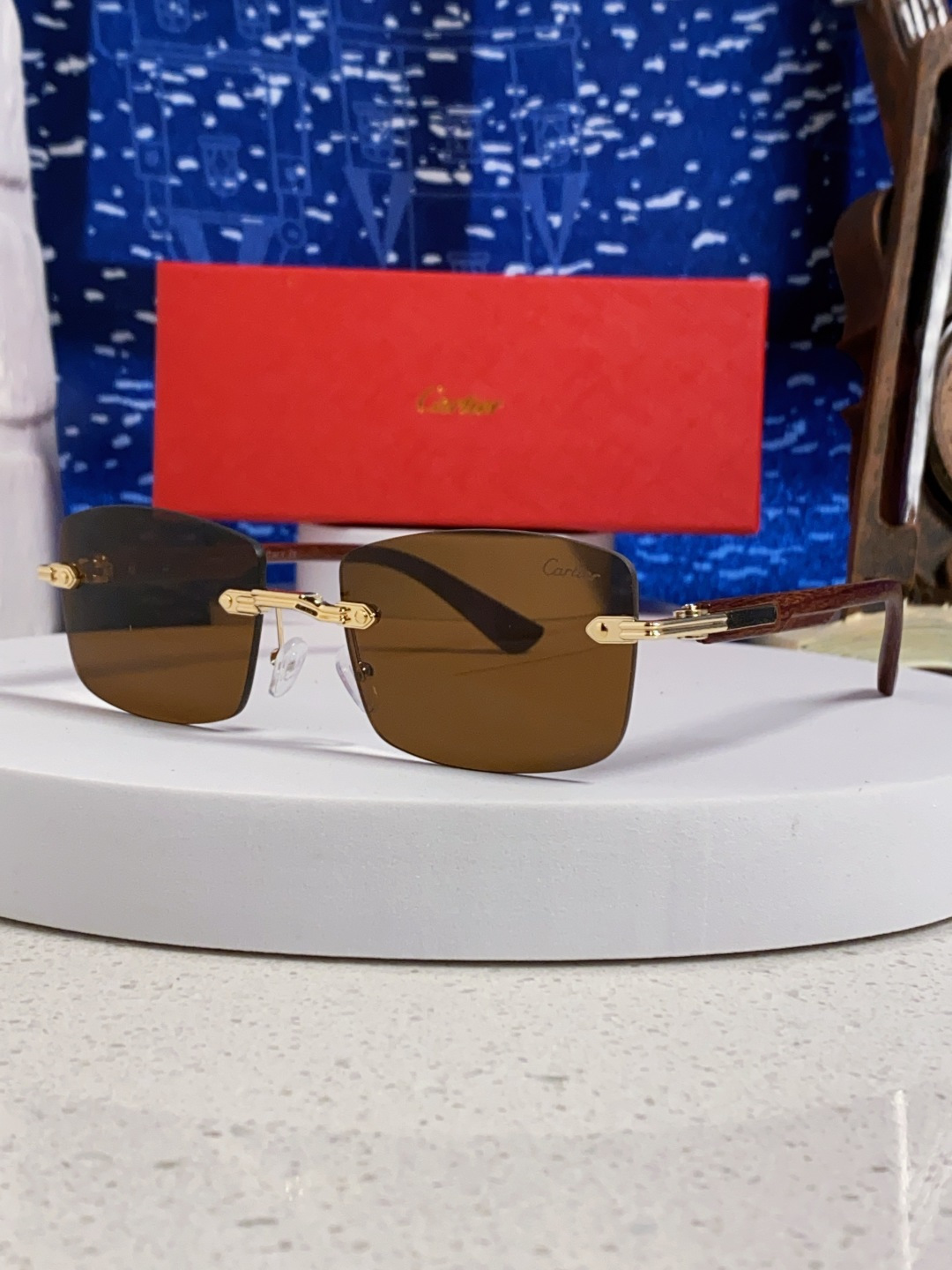 Cartier卡地亚 2025新款男士无框太阳镜方形欧美潮个性木腿墨镜嘻哈拽酷太阳镜遮阳潮流男女通用