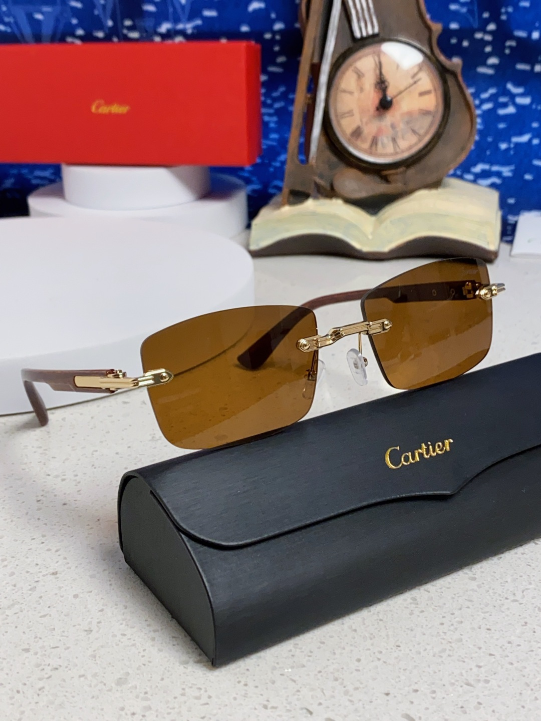 Cartier卡地亚 2025新款男士无框太阳镜方形欧美潮个性木腿墨镜嘻哈拽酷太阳镜遮阳潮流男女通用