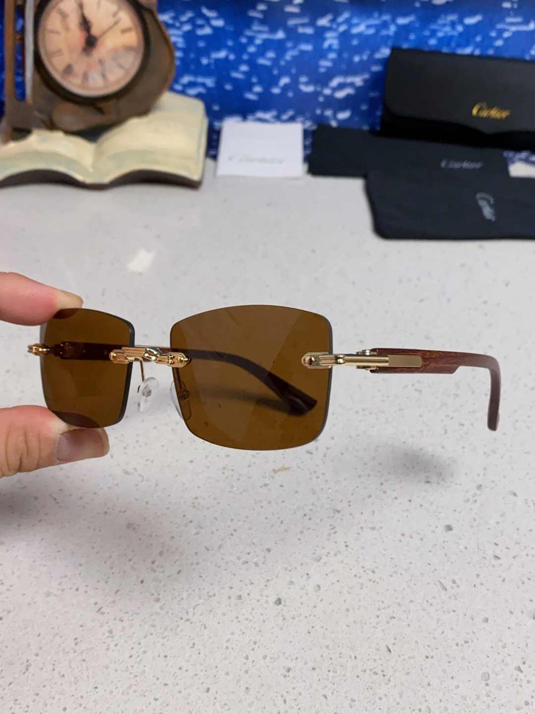 Cartier卡地亚 2025新款男士无框太阳镜方形欧美潮个性木腿墨镜嘻哈拽酷太阳镜遮阳潮流男女通用