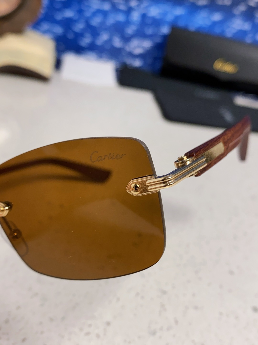 Cartier卡地亚 2025新款男士无框太阳镜方形欧美潮个性木腿墨镜嘻哈拽酷太阳镜遮阳潮流男女通用