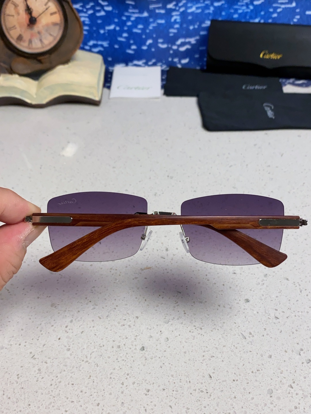 Cartier卡地亚 2025新款男士无框太阳镜方形欧美潮个性木腿墨镜嘻哈拽酷太阳镜遮阳潮流男女通用