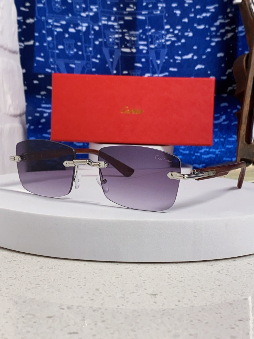Cartier卡地亚 2025新款男士无框太阳镜方形欧美潮个性木腿墨镜嘻哈拽酷太阳镜遮阳潮流男女通用