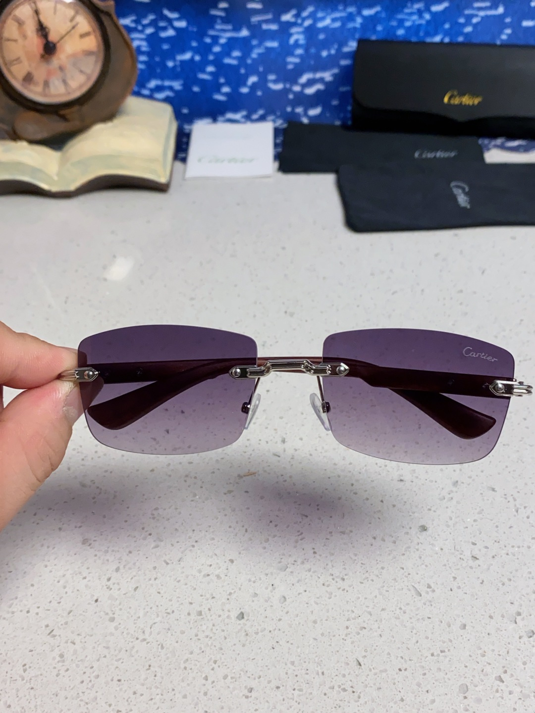 Cartier卡地亚 2025新款男士无框太阳镜方形欧美潮个性木腿墨镜嘻哈拽酷太阳镜遮阳潮流男女通用