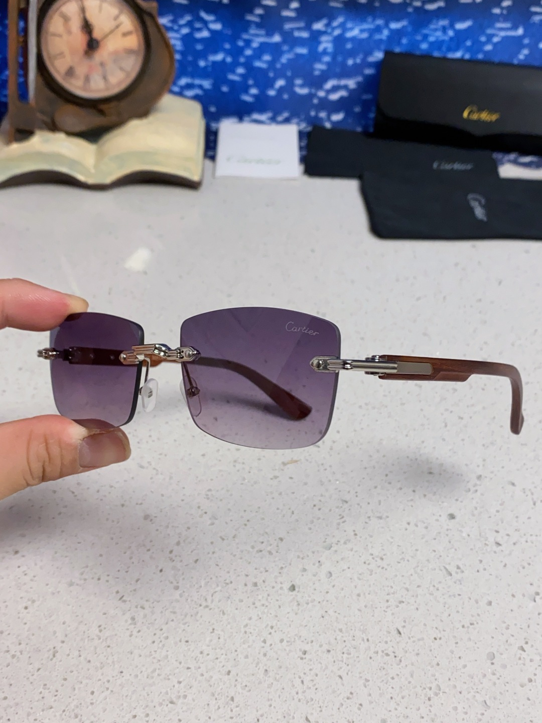 Cartier卡地亚 2025新款男士无框太阳镜方形欧美潮个性木腿墨镜嘻哈拽酷太阳镜遮阳潮流男女通用