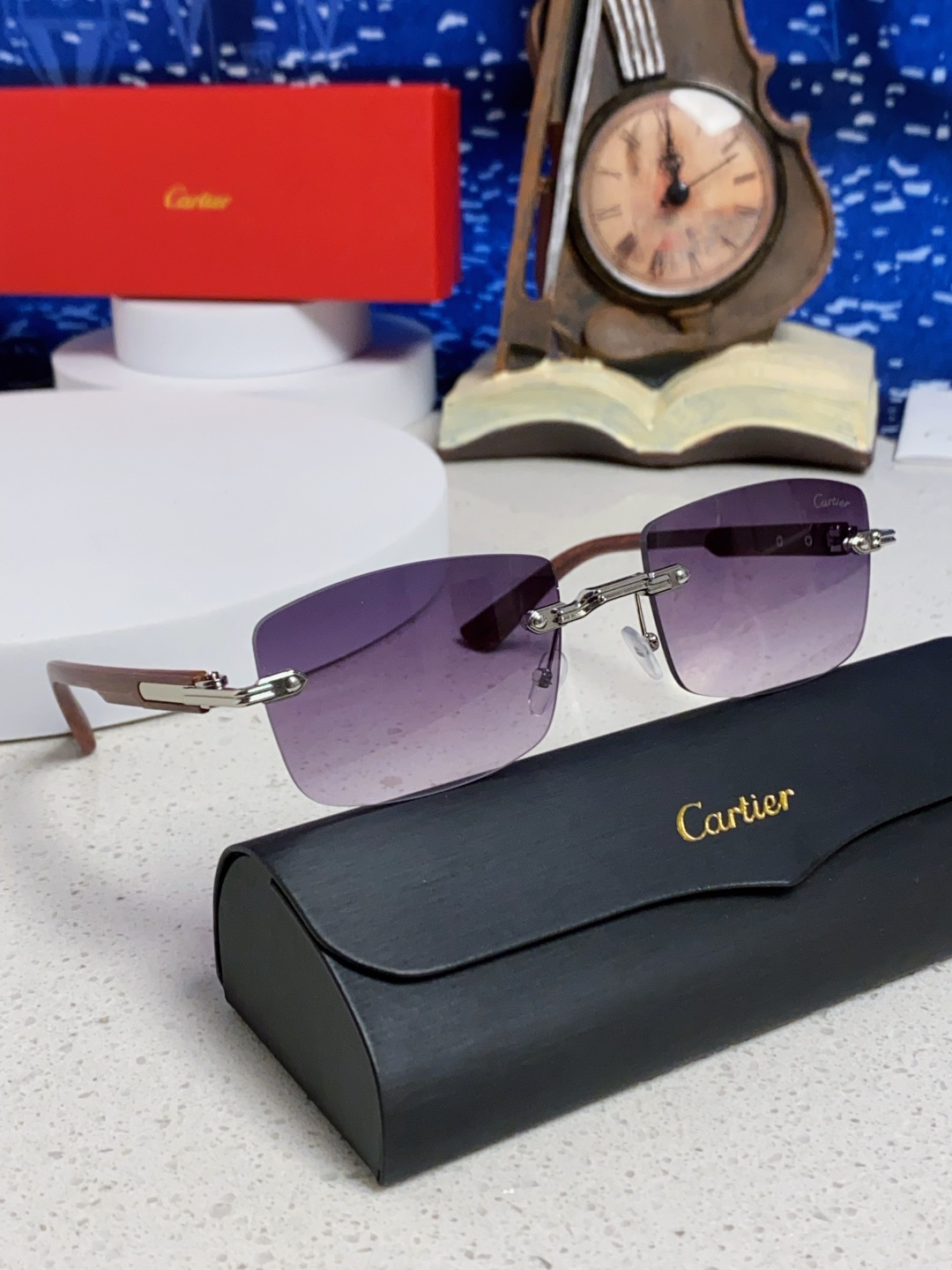 Cartier卡地亚 2025新款男士无框太阳镜方形欧美潮个性木腿墨镜嘻哈拽酷太阳镜遮阳潮流男女通用
