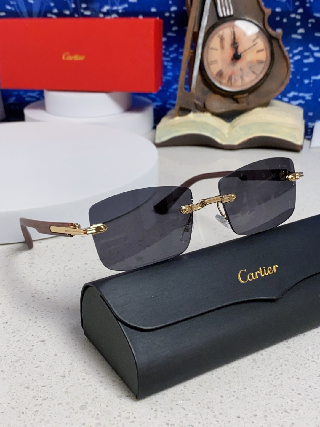 Cartier卡地亚 2025新款男士无框太阳镜方形欧美潮个性木腿墨镜嘻哈拽酷太阳镜遮阳潮流男女通用