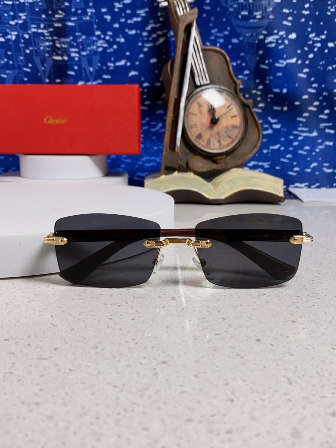 Cartier卡地亚 2025新款男士无框太阳镜方形欧美潮个性木腿墨镜嘻哈拽酷太阳镜遮阳潮流男女通用
