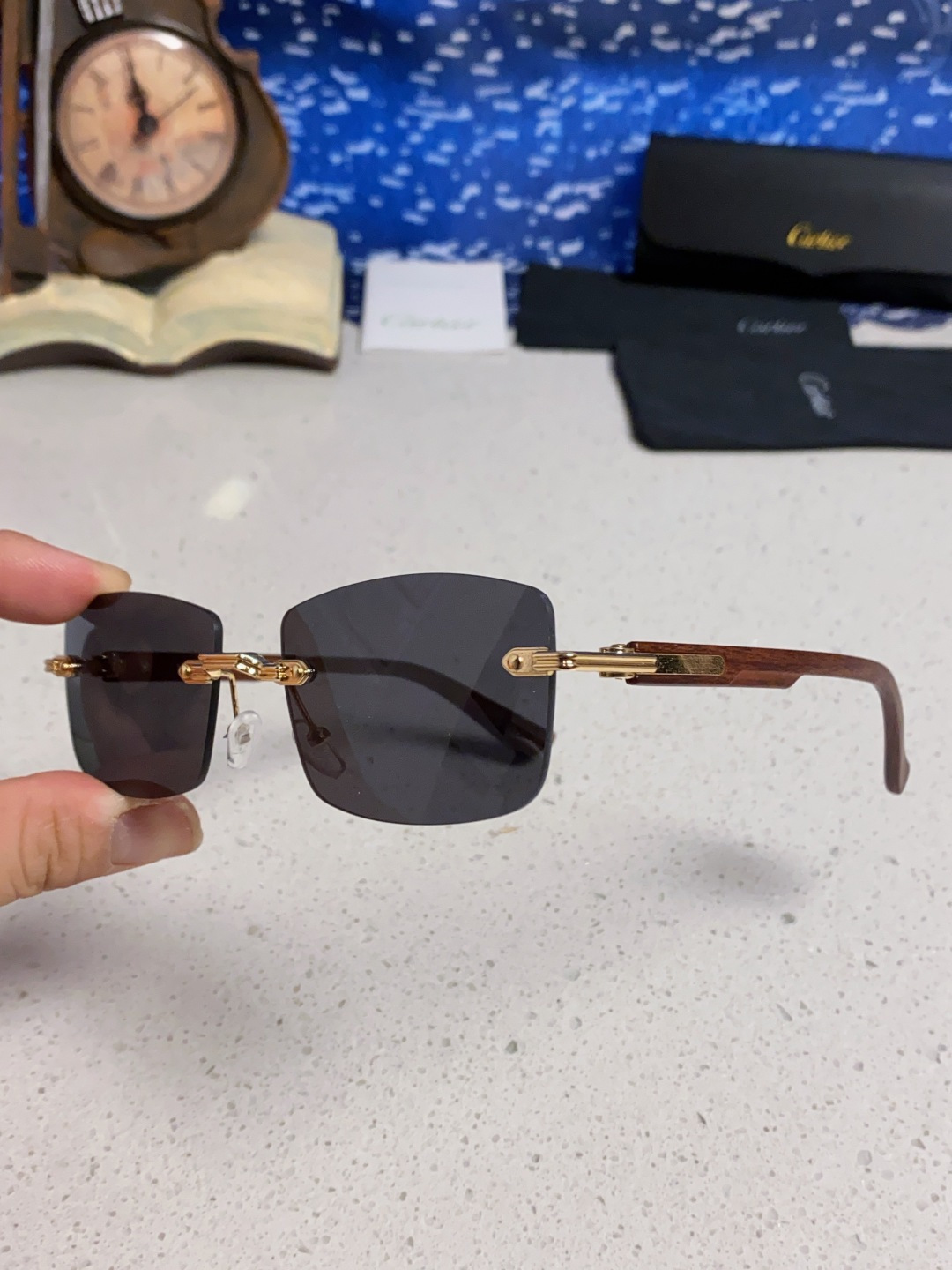 Cartier卡地亚 2025新款男士无框太阳镜方形欧美潮个性木腿墨镜嘻哈拽酷太阳镜遮阳潮流男女通用