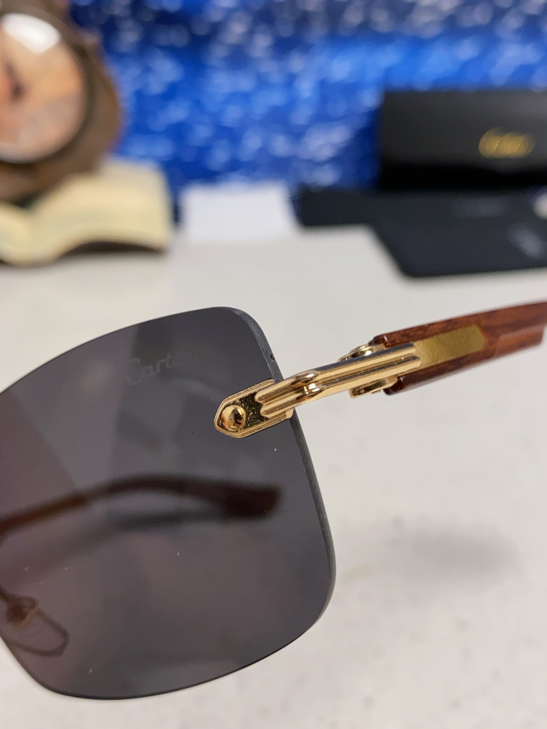 Cartier卡地亚 2025新款男士无框太阳镜方形欧美潮个性木腿墨镜嘻哈拽酷太阳镜遮阳潮流男女通用