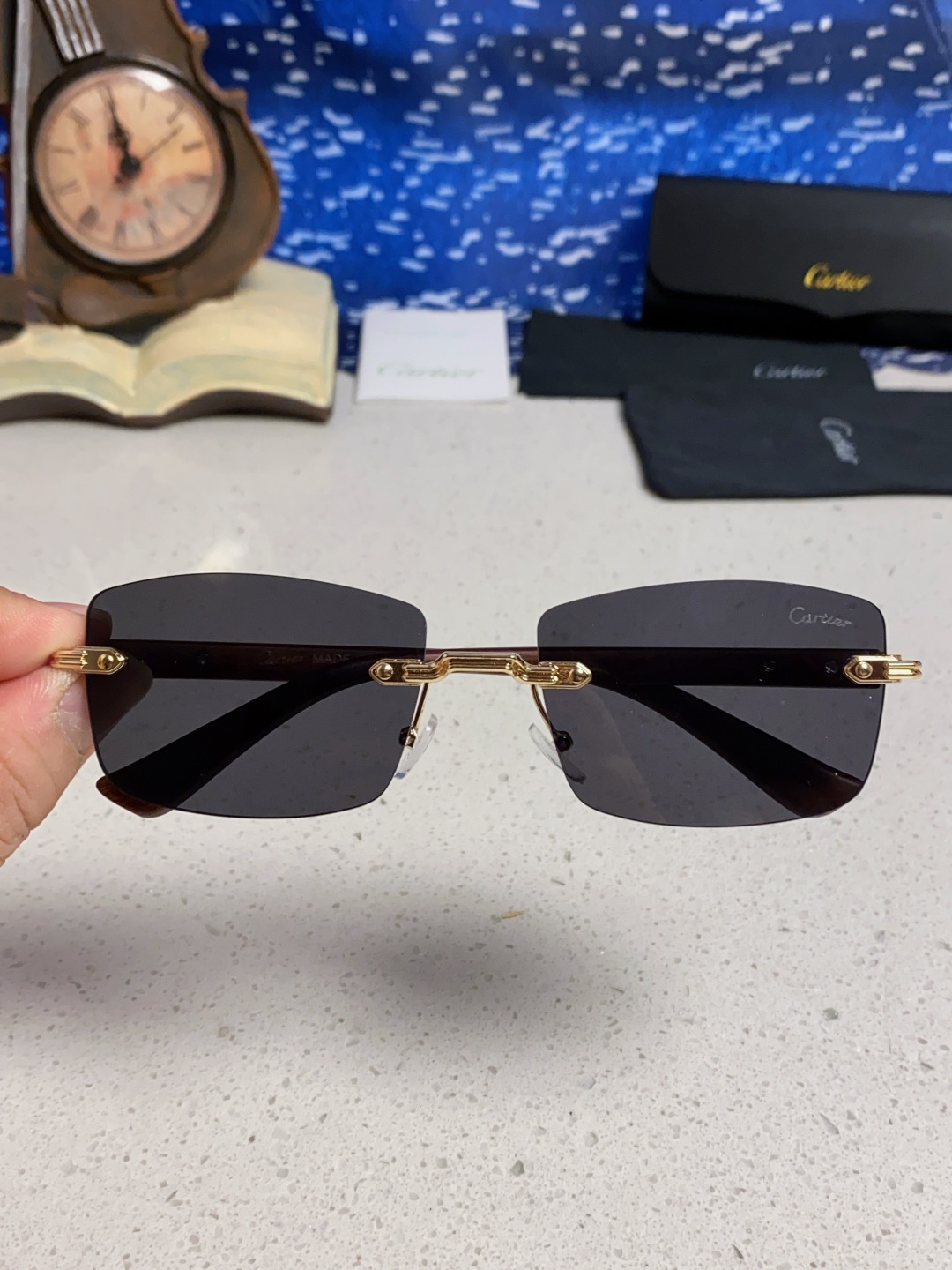 Cartier卡地亚 2025新款男士无框太阳镜方形欧美潮个性木腿墨镜嘻哈拽酷太阳镜遮阳潮流男女通用