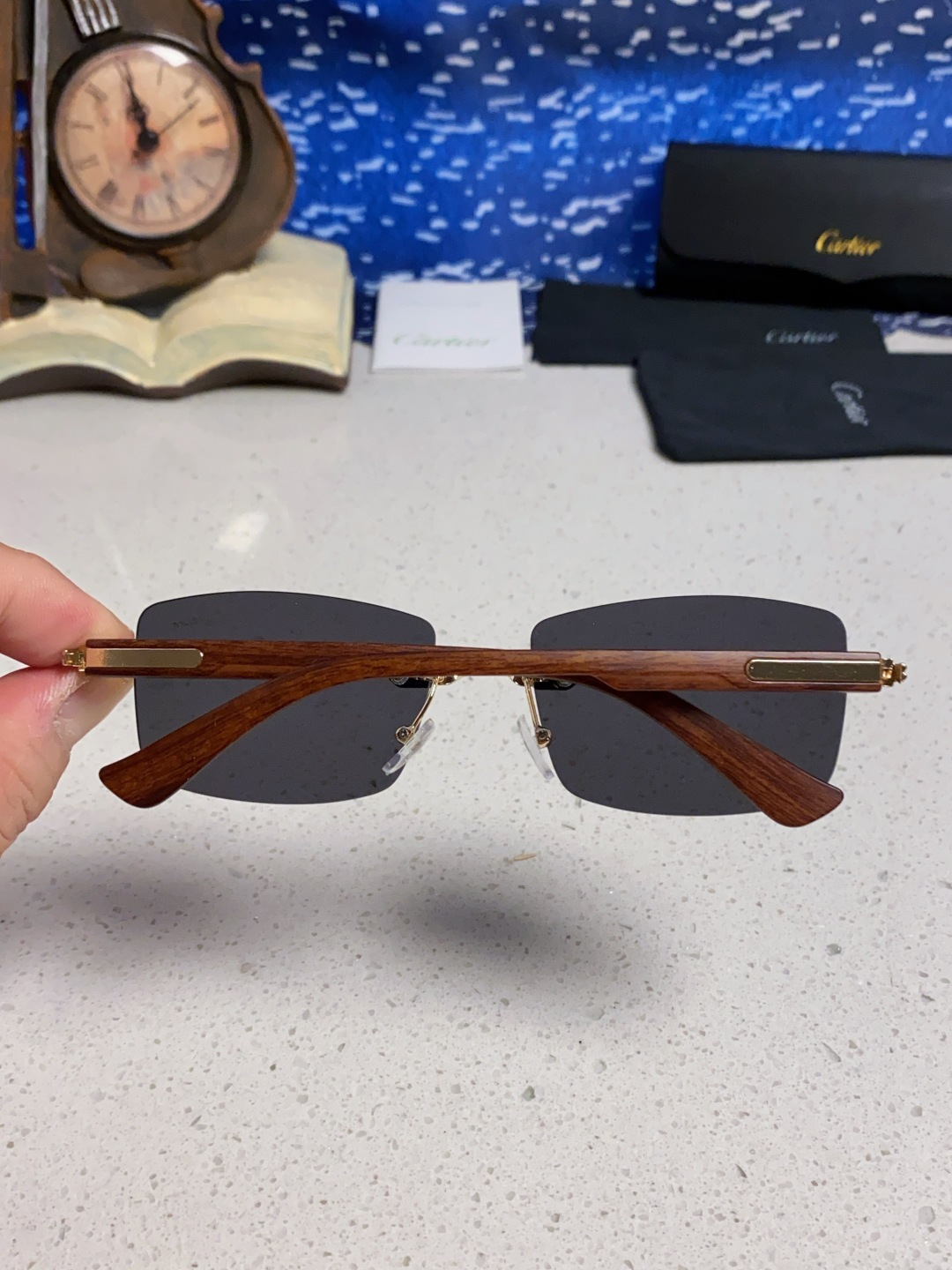 Cartier卡地亚 2025新款男士无框太阳镜方形欧美潮个性木腿墨镜嘻哈拽酷太阳镜遮阳潮流男女通用