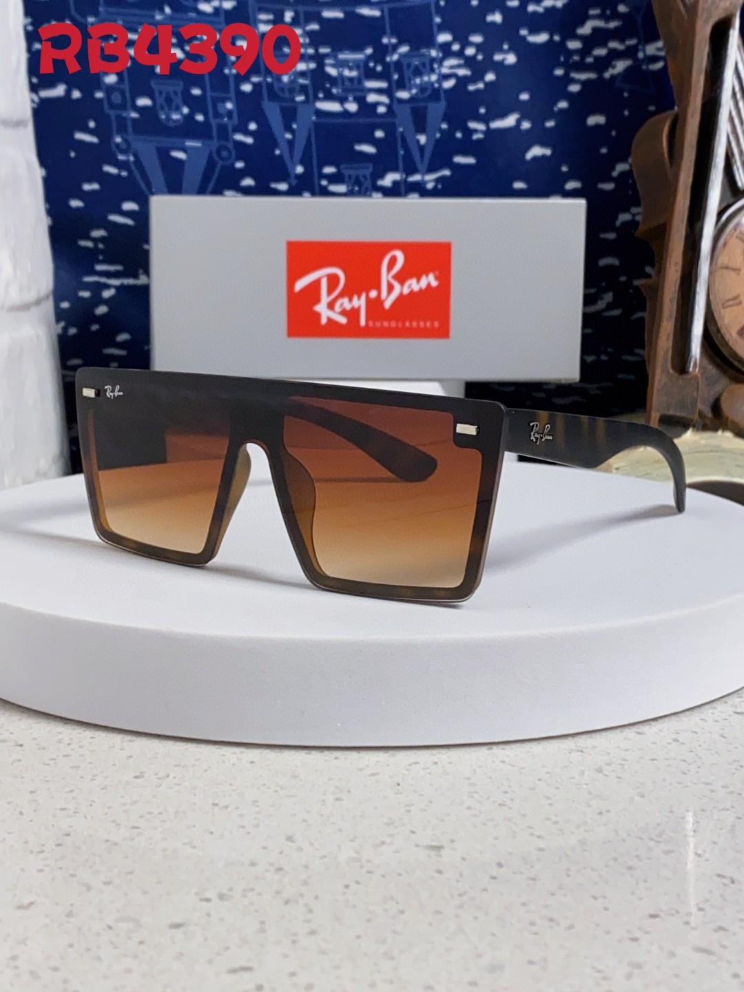 Rayban 雷朋 2025新款复古黑色连一体镜超大框方圆脸显瘦高级感欧美风墨镜女太阳眼镜RB4390