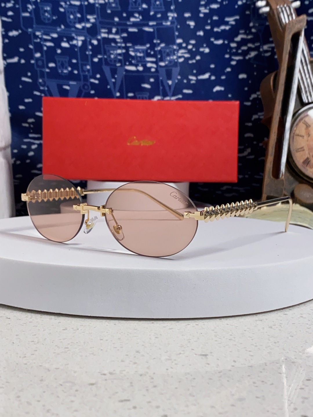 Carter卡地亚 2025款欧美奢华女个性前卫圆框无框太阳眼欧洲站明星同街拍猫防晒墨镜