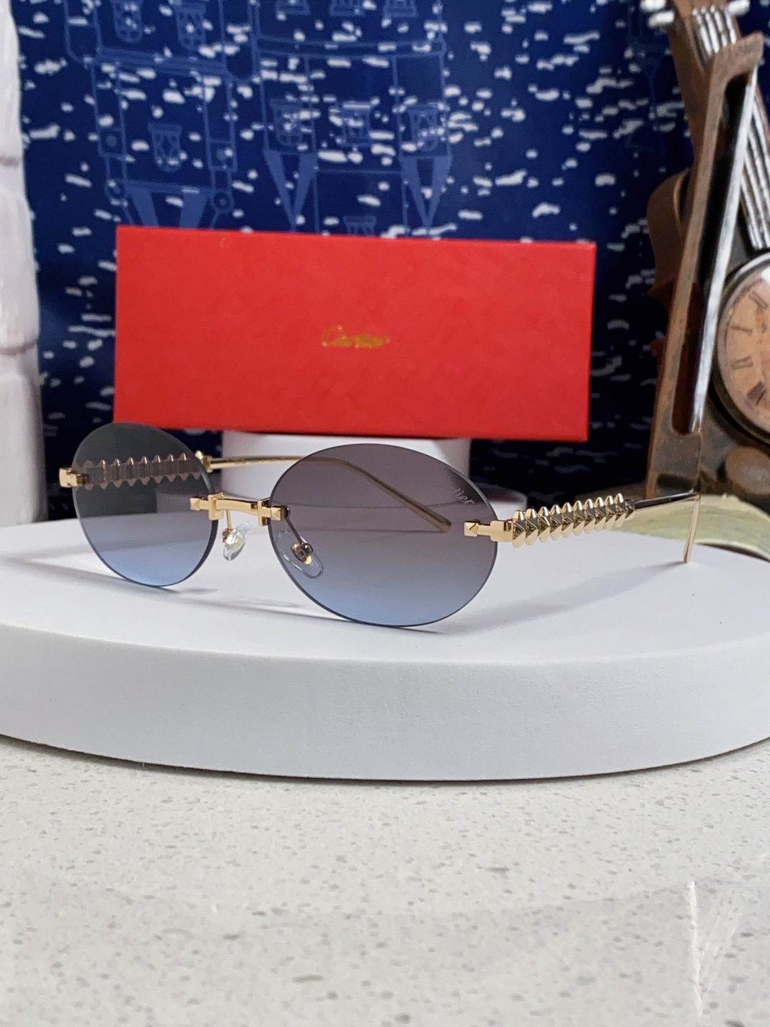 Carter卡地亚 2025款欧美奢华女个性前卫圆框无框太阳眼欧洲站明星同街拍猫防晒墨镜