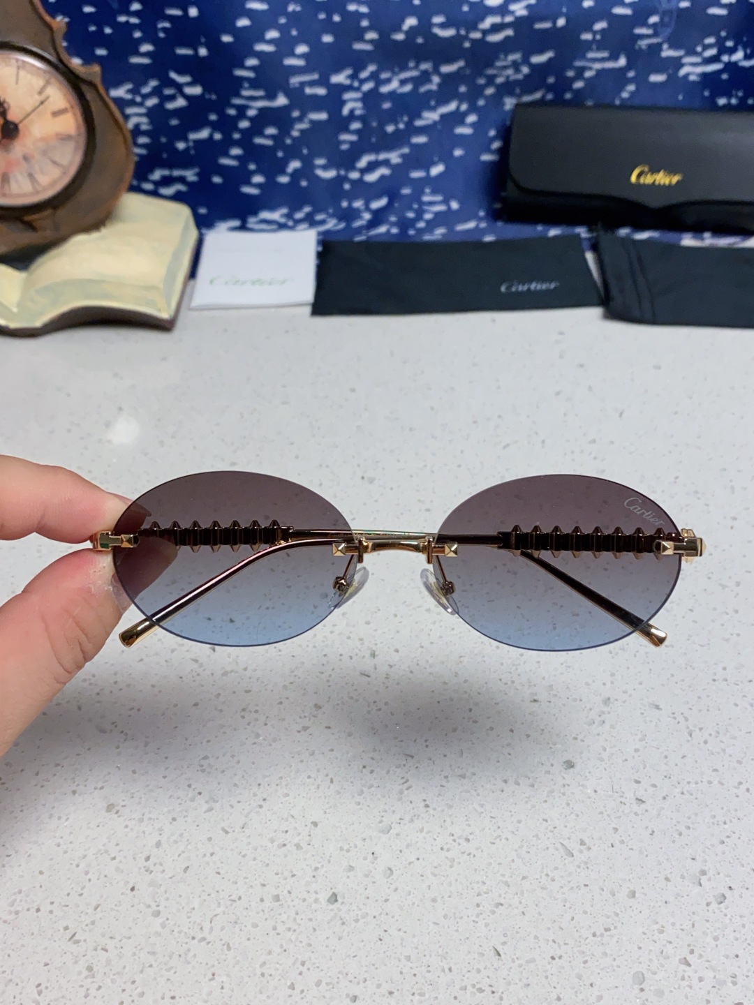 Carter卡地亚 2025款欧美奢华女个性前卫圆框无框太阳眼欧洲站明星同街拍猫防晒墨镜