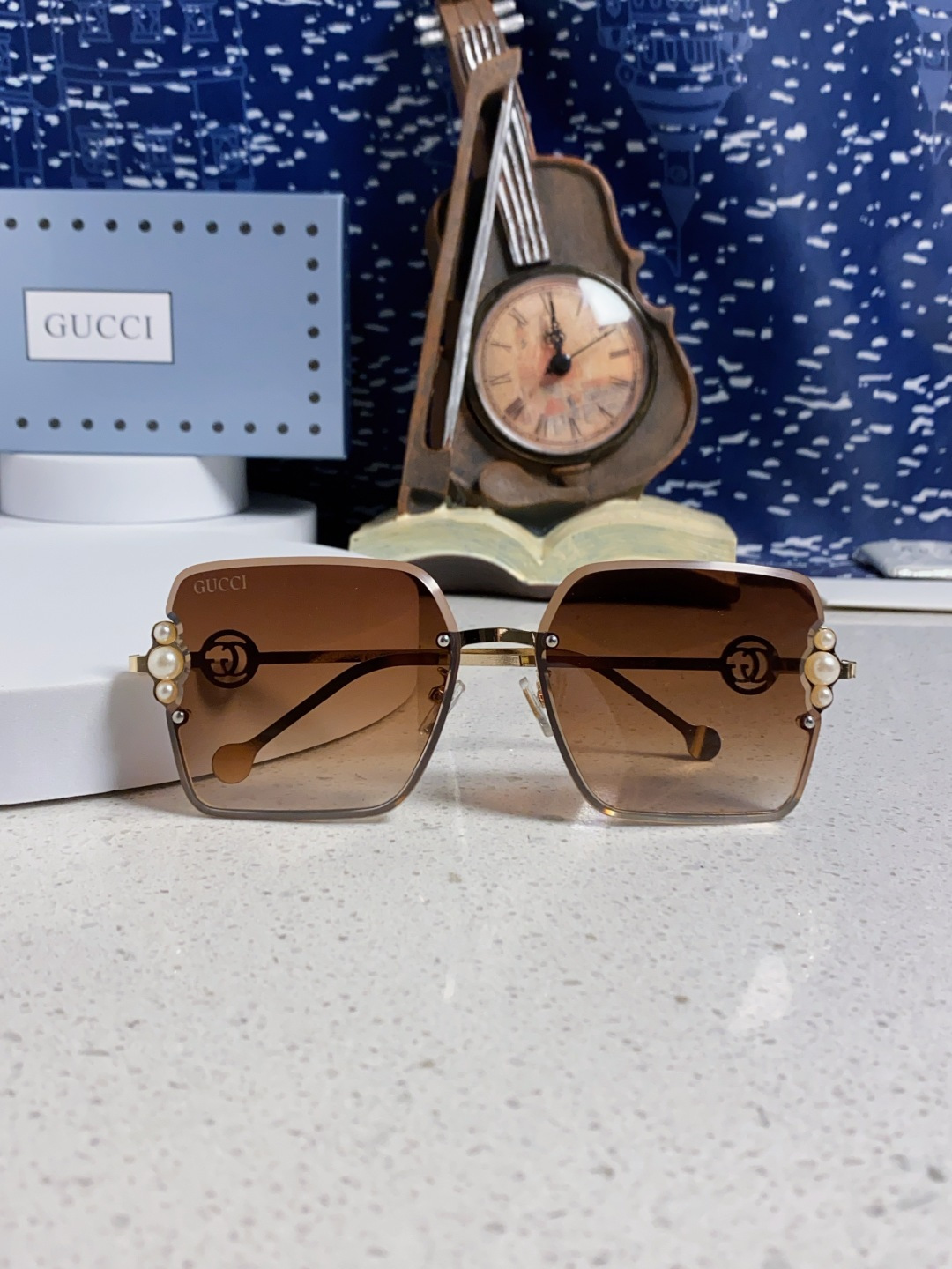 Gucci古奇 2025新款方形珍珠金属太阳镜女 无框复古墨镜新款潮流个性