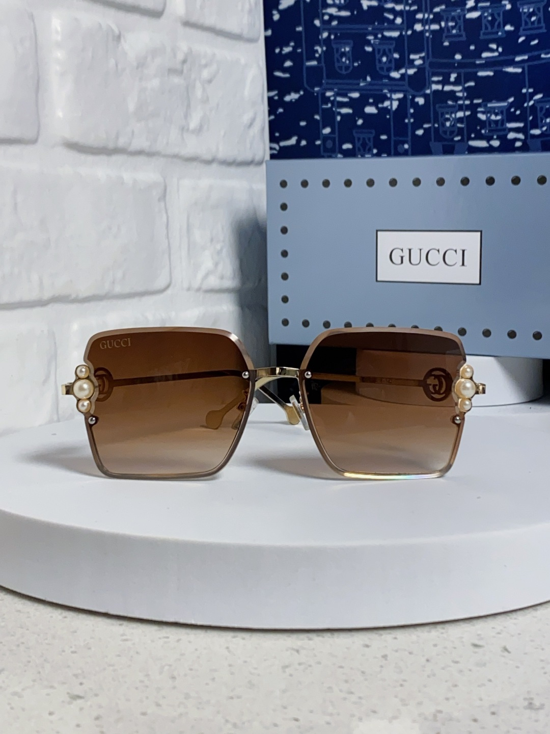 Gucci古奇 2025新款方形珍珠金属太阳镜女 无框复古墨镜新款潮流个性