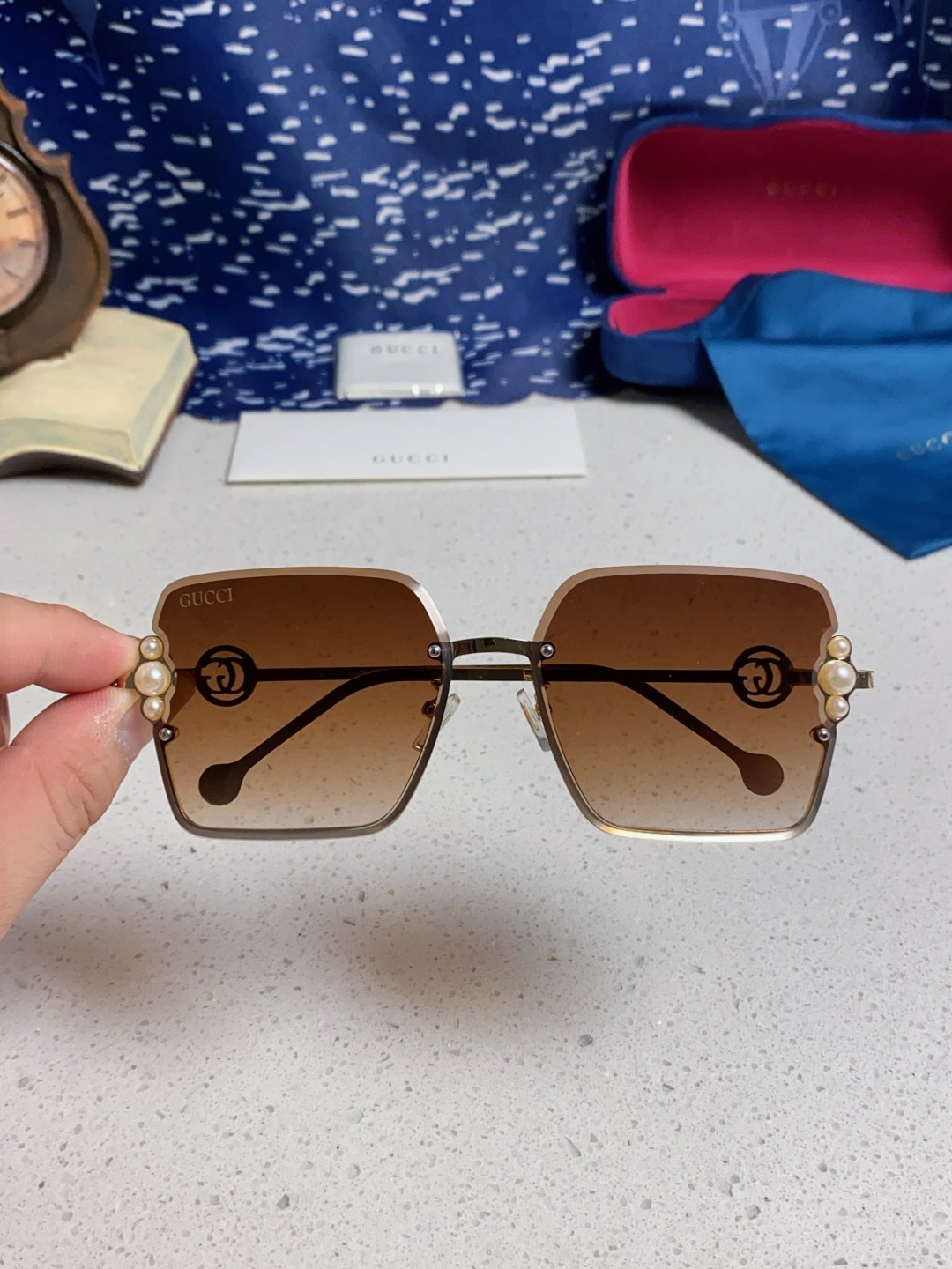 Gucci古奇 2025新款方形珍珠金属太阳镜女 无框复古墨镜新款潮流个性