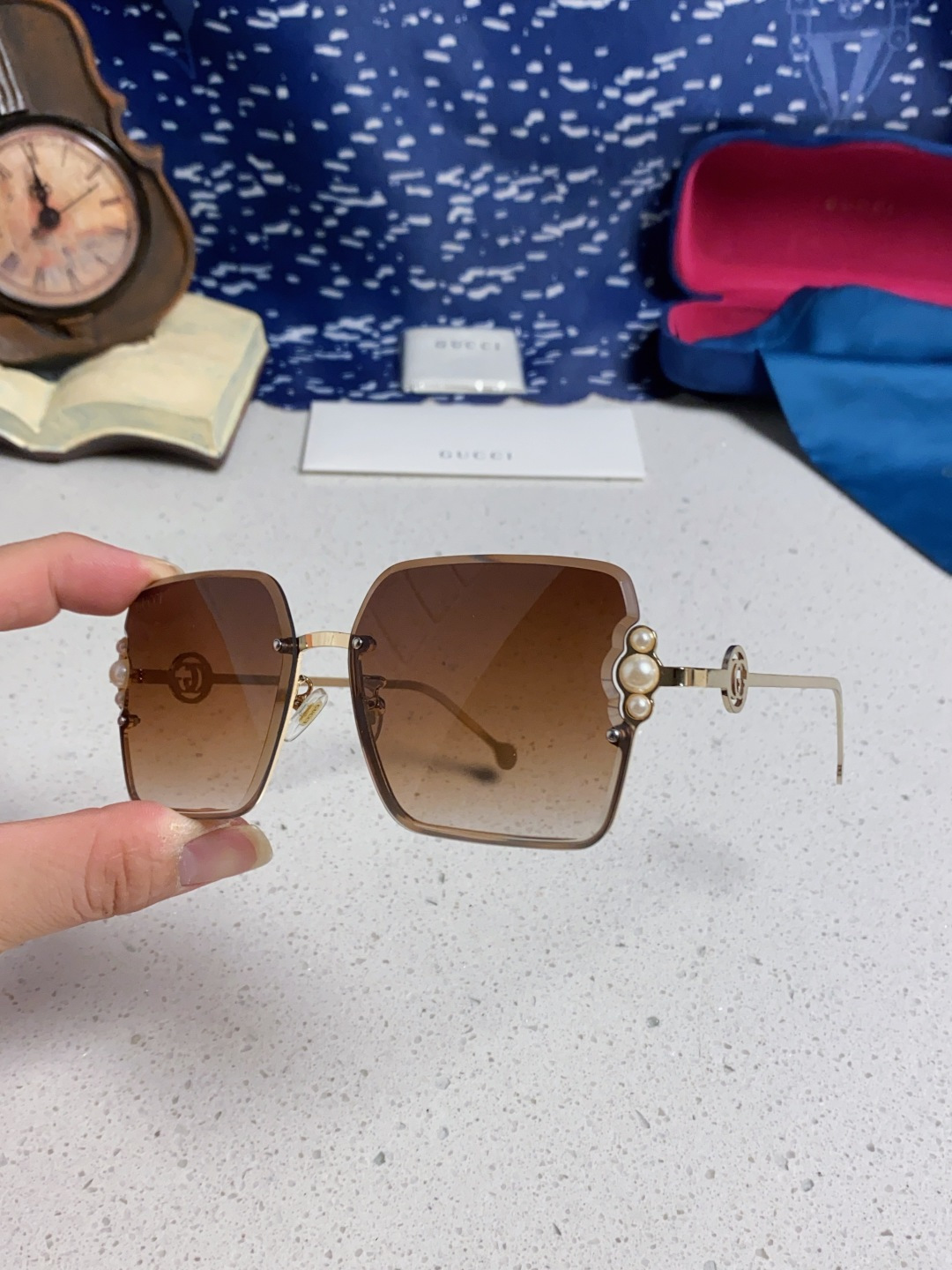 Gucci古奇 2025新款方形珍珠金属太阳镜女 无框复古墨镜新款潮流个性