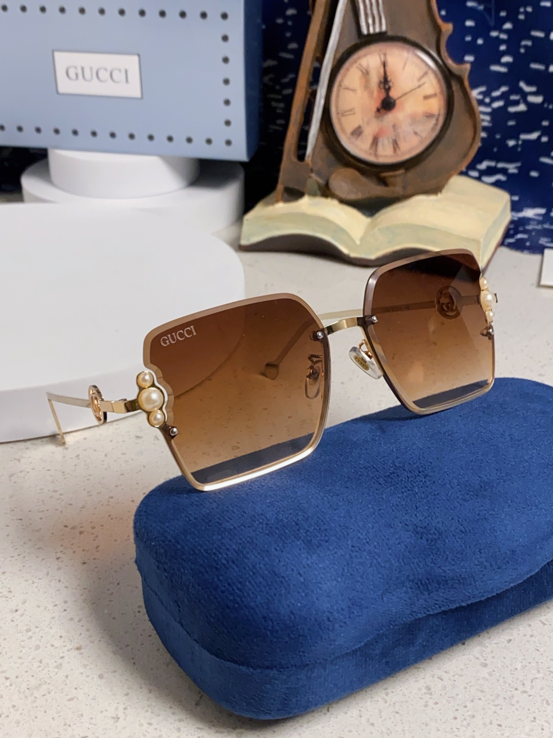 Gucci古奇 2025新款方形珍珠金属太阳镜女 无框复古墨镜新款潮流个性