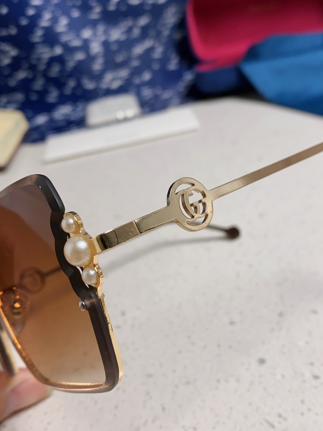 Gucci古奇 2025新款方形珍珠金属太阳镜女 无框复古墨镜新款潮流个性