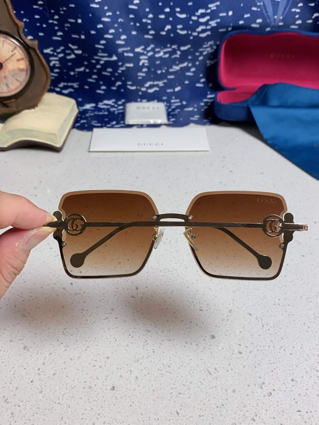 Gucci古奇 2025新款方形珍珠金属太阳镜女 无框复古墨镜新款潮流个性