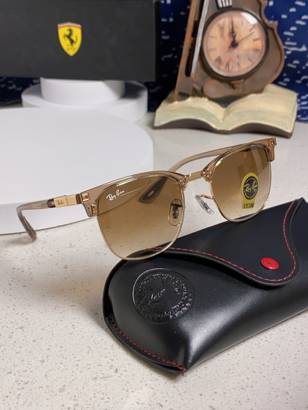 RayBan雷朋法拉利联名 2025新款 复古半框墨镜派对达人眉毛架太阳镜男女款 钢化玻璃镜片 情侣墨镜