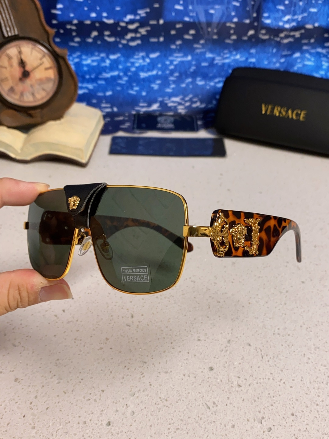 Versace范思哲 2025新款欧美风金属方形太阳眼镜女2207时尚可拆洗皮扣遮阳墨镜男防紫外线