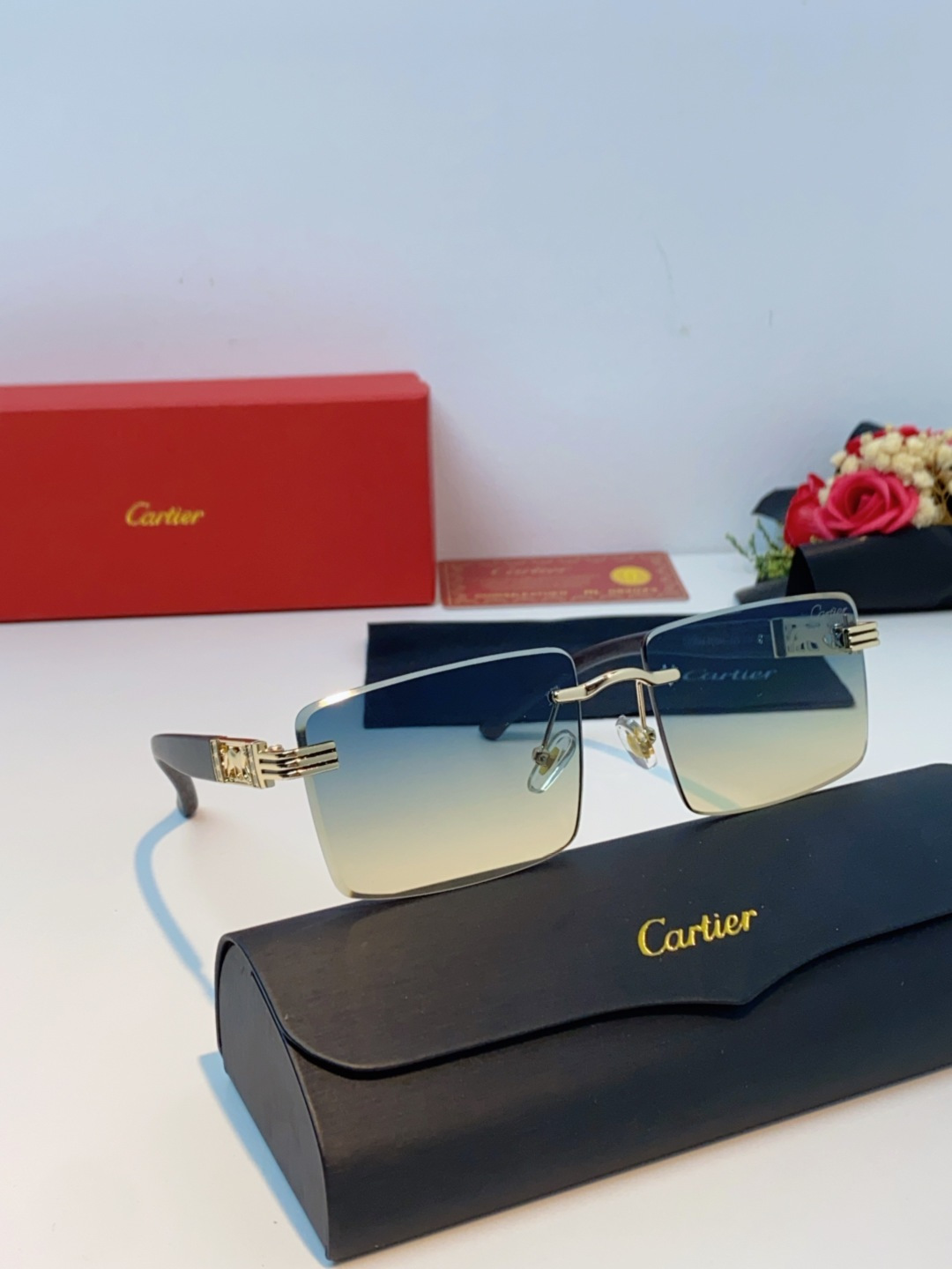 Cartier卡地亚 2025新款欧美明星复古潮流方形无框切边墨镜男女潮网红个性糖果色太阳眼镜