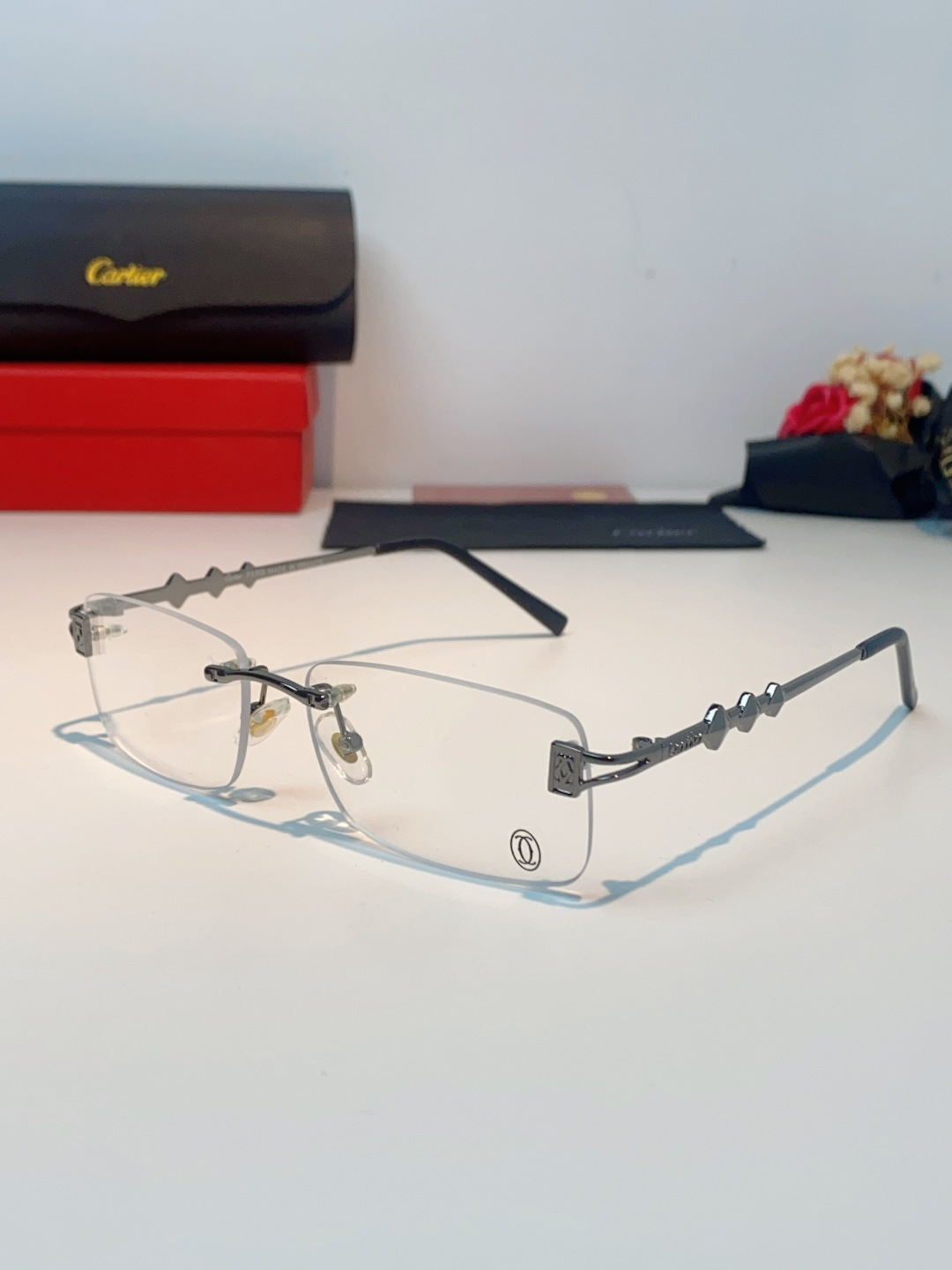 Cartier卡地亚 2026新春款复古简约方形无边框男士大脸墨镜斯文痞帅防紫外线太阳镜女韩版潮 男女通