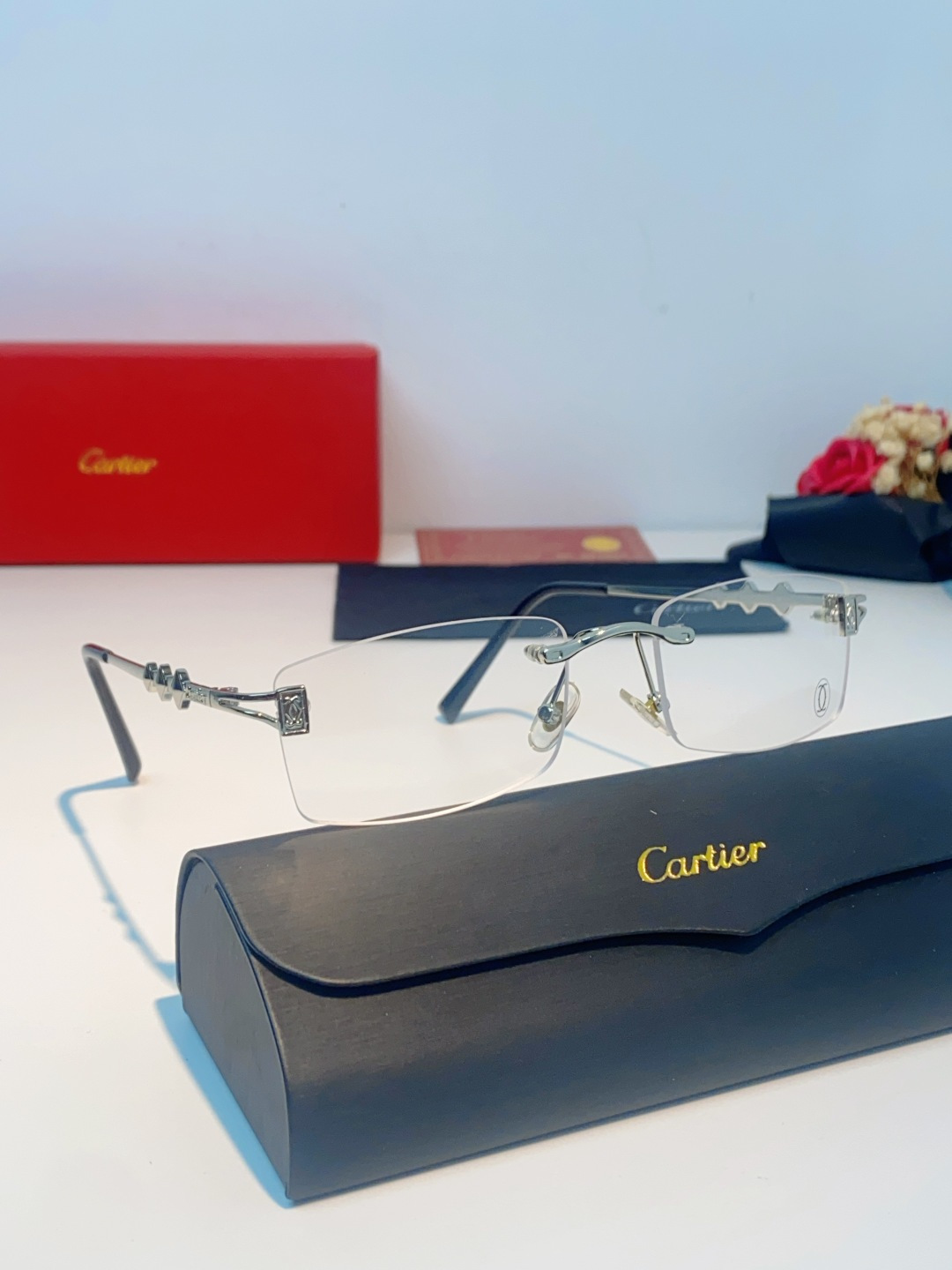 Cartier卡地亚 2026新春款复古简约方形无边框男士大脸墨镜斯文痞帅防紫外线太阳镜女韩版潮 男女通