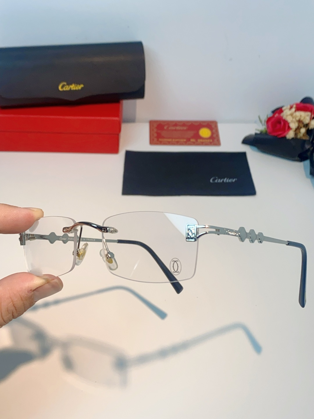 Cartier卡地亚 2026新春款复古简约方形无边框男士大脸墨镜斯文痞帅防紫外线太阳镜女韩版潮 男女通