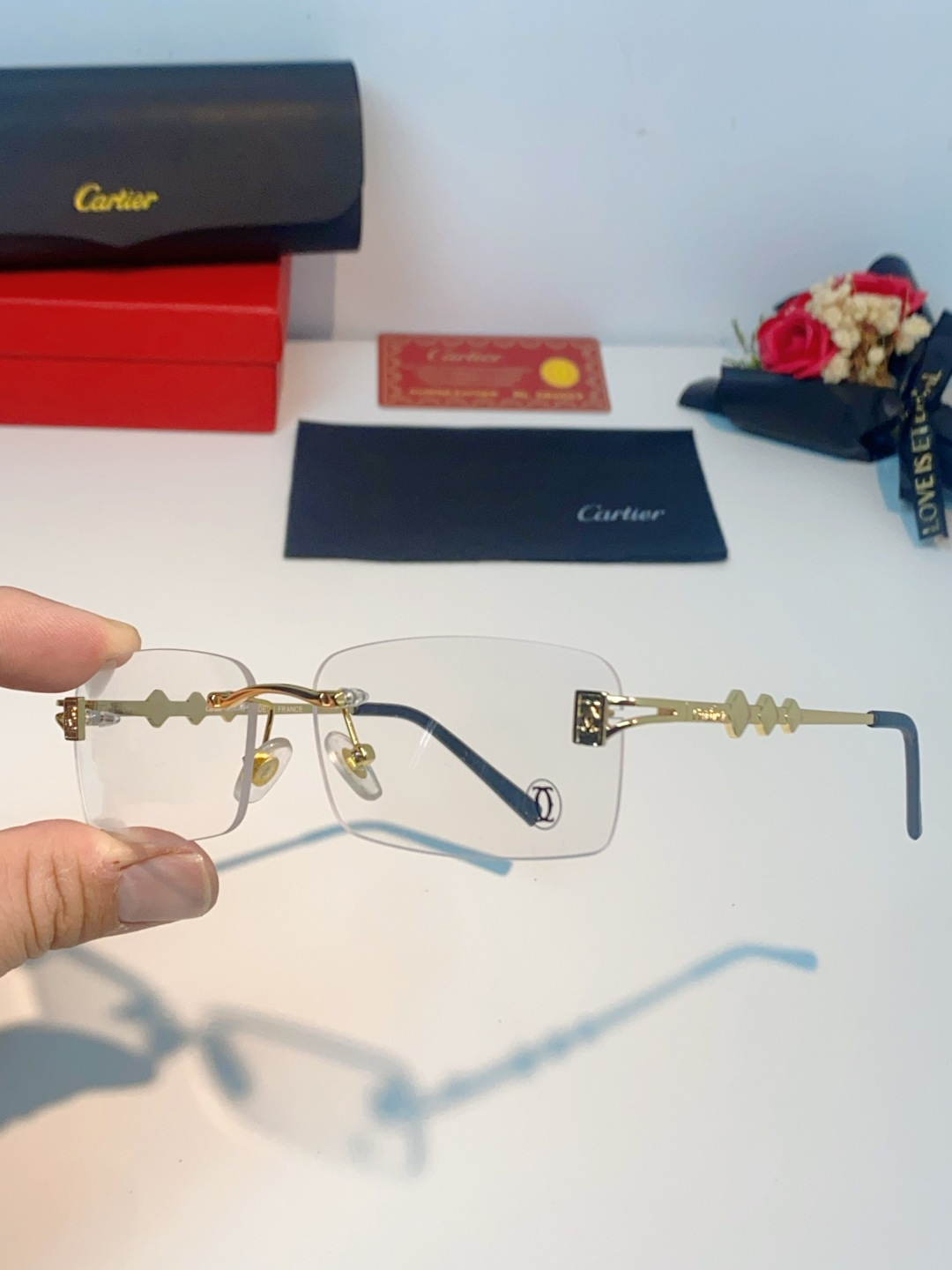 Cartier卡地亚 2026新春款复古简约方形无边框男士大脸墨镜斯文痞帅防紫外线太阳镜女韩版潮 男女通