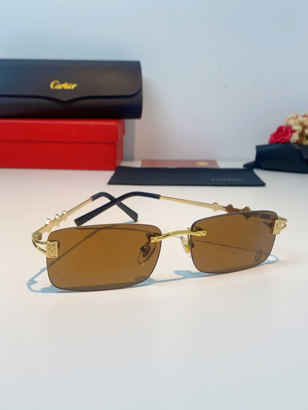Cartier卡地亚 2026新春款复古简约方形无边框男士大脸墨镜斯文痞帅防紫外线太阳镜女韩版潮 男女通