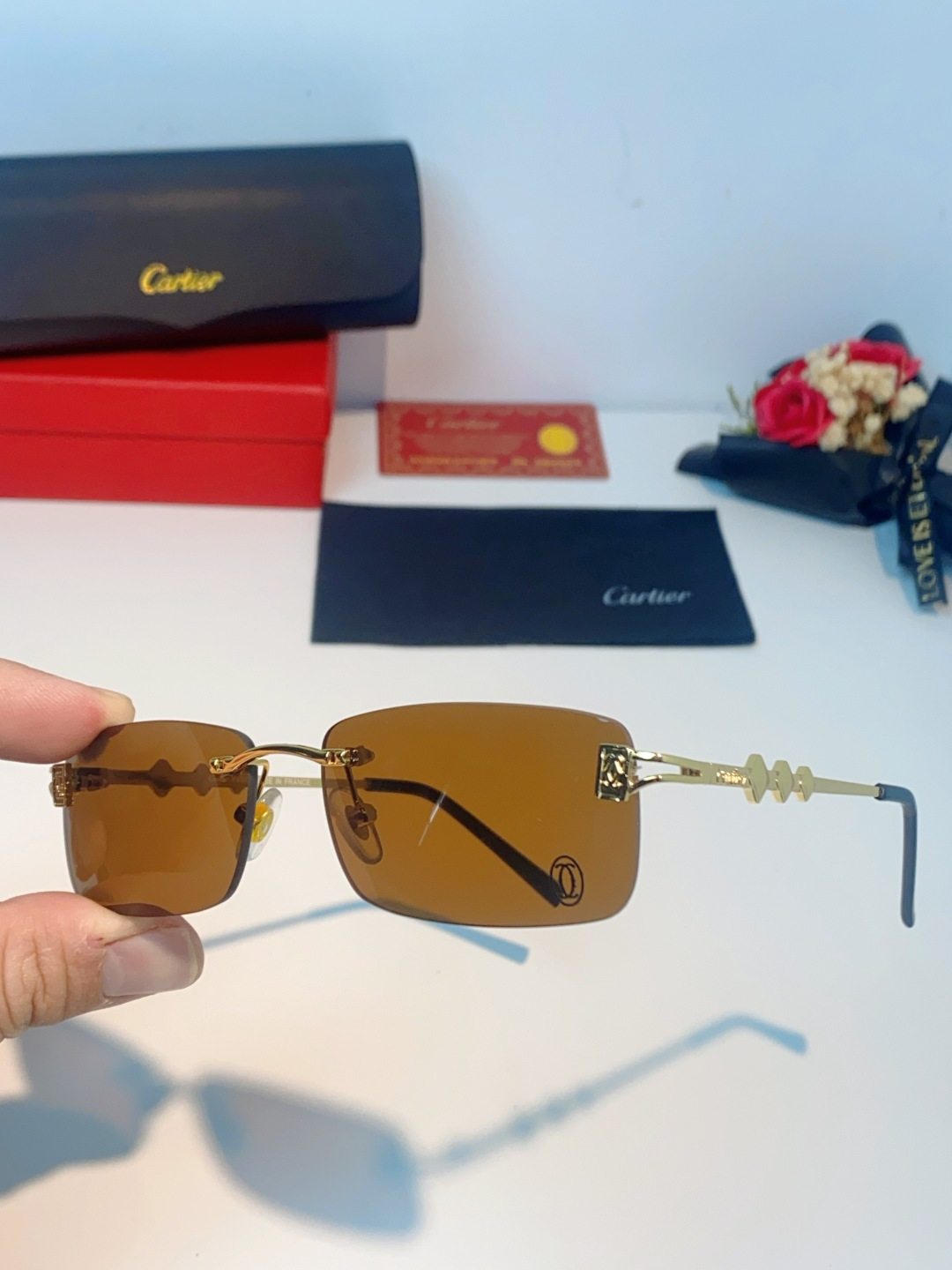 Cartier卡地亚 2026新春款复古简约方形无边框男士大脸墨镜斯文痞帅防紫外线太阳镜女韩版潮 男女通