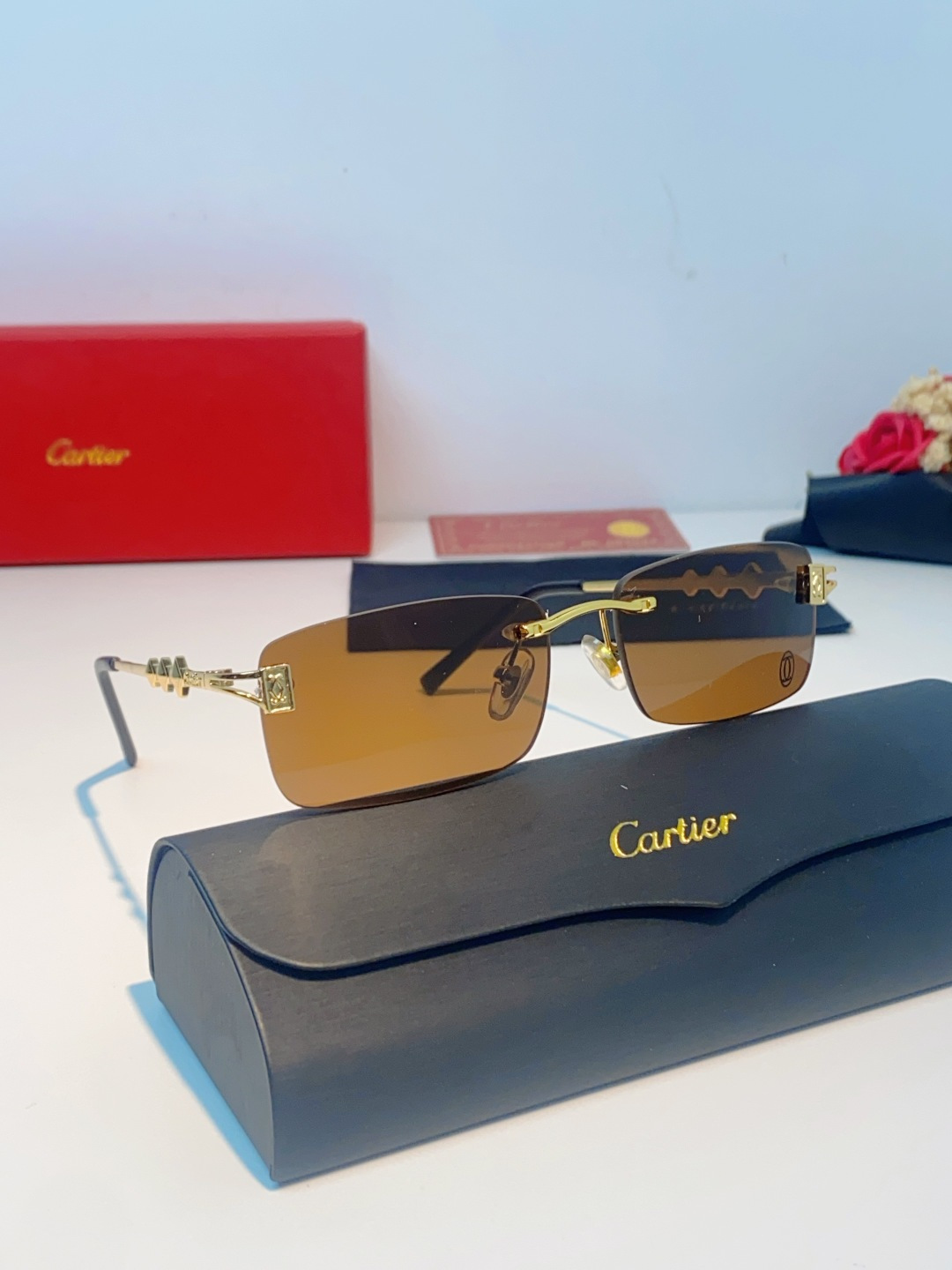 Cartier卡地亚 2026新春款复古简约方形无边框男士大脸墨镜斯文痞帅防紫外线太阳镜女韩版潮 男女通