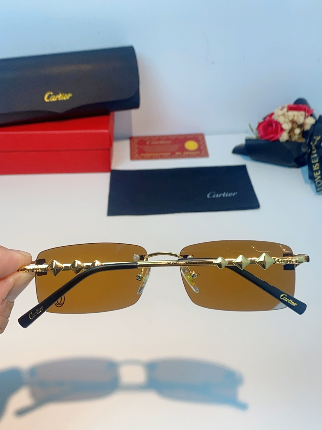 Cartier卡地亚 2026新春款复古简约方形无边框男士大脸墨镜斯文痞帅防紫外线太阳镜女韩版潮 男女通