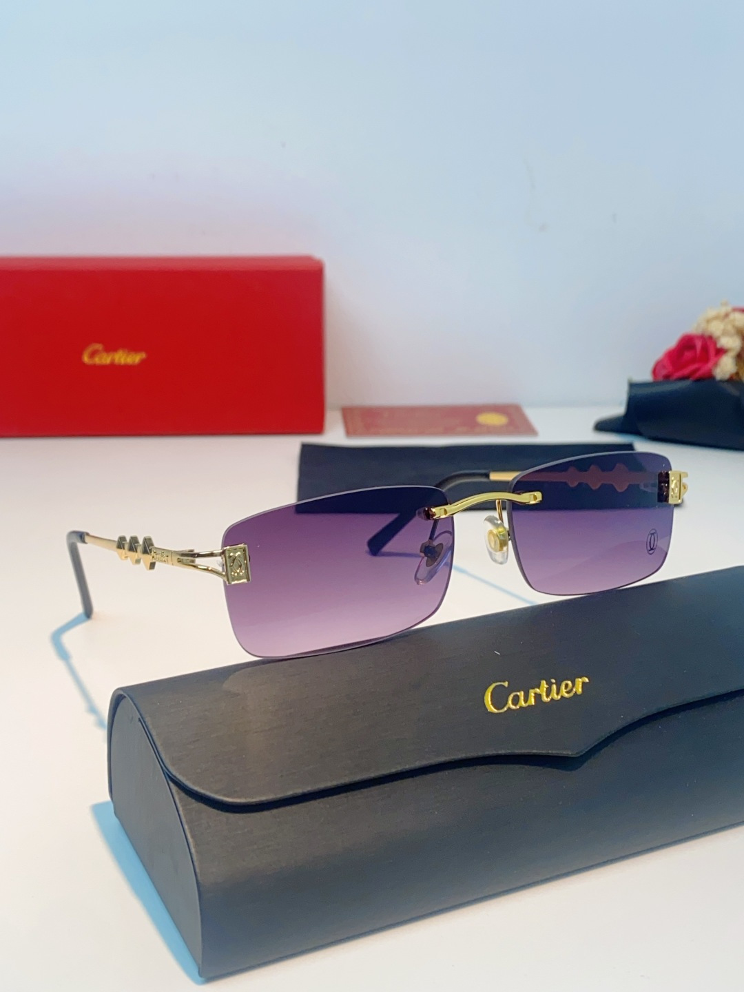 Cartier卡地亚 2026新春款复古简约方形无边框男士大脸墨镜斯文痞帅防紫外线太阳镜女韩版潮 男女通