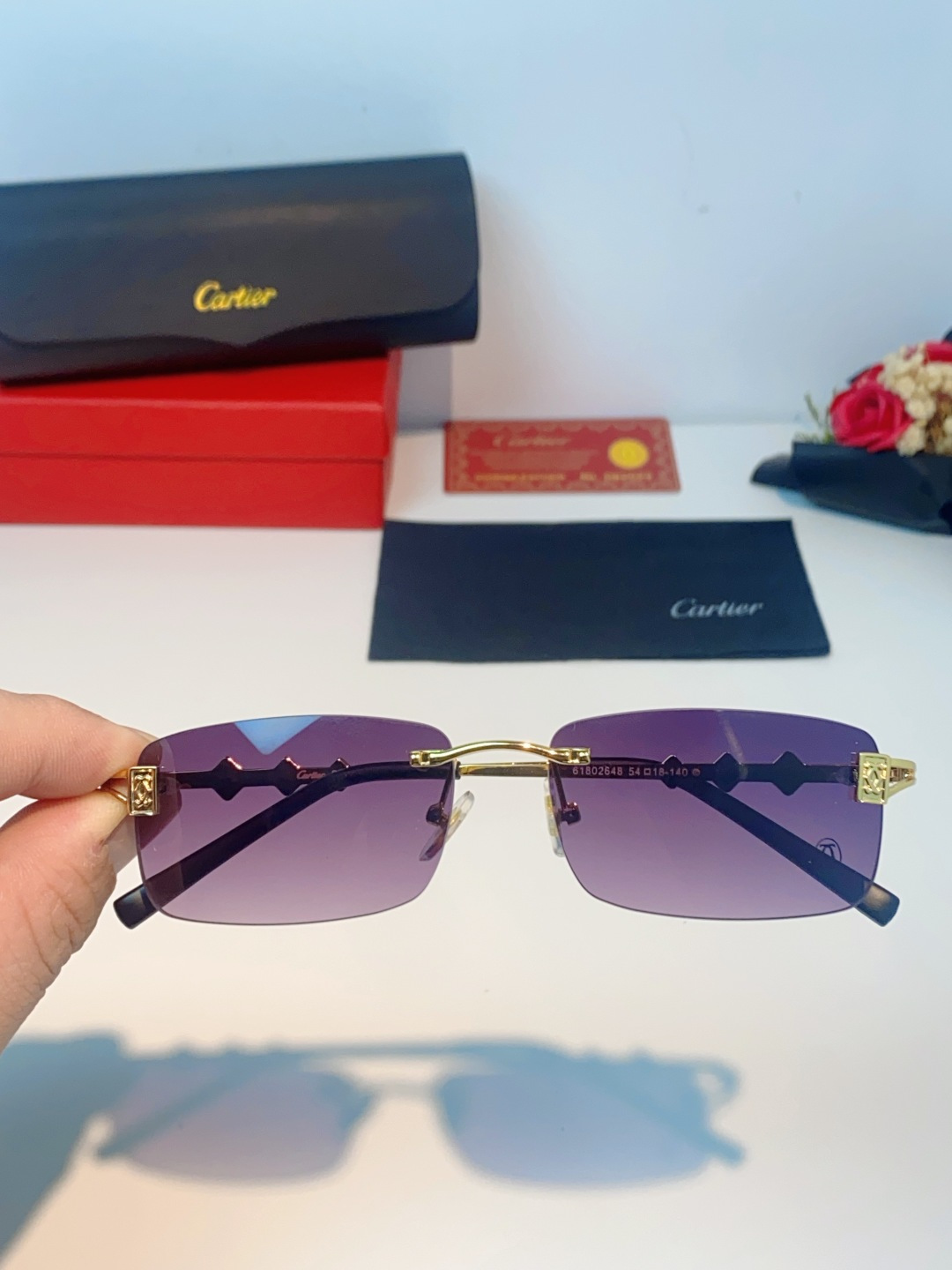 Cartier卡地亚 2026新春款复古简约方形无边框男士大脸墨镜斯文痞帅防紫外线太阳镜女韩版潮 男女通