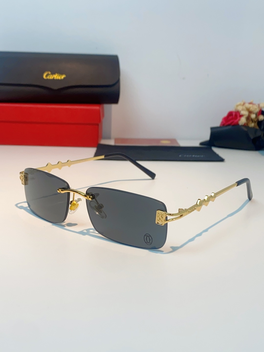 Cartier卡地亚 2026新春款复古简约方形无边框男士大脸墨镜斯文痞帅防紫外线太阳镜女韩版潮 男女通
