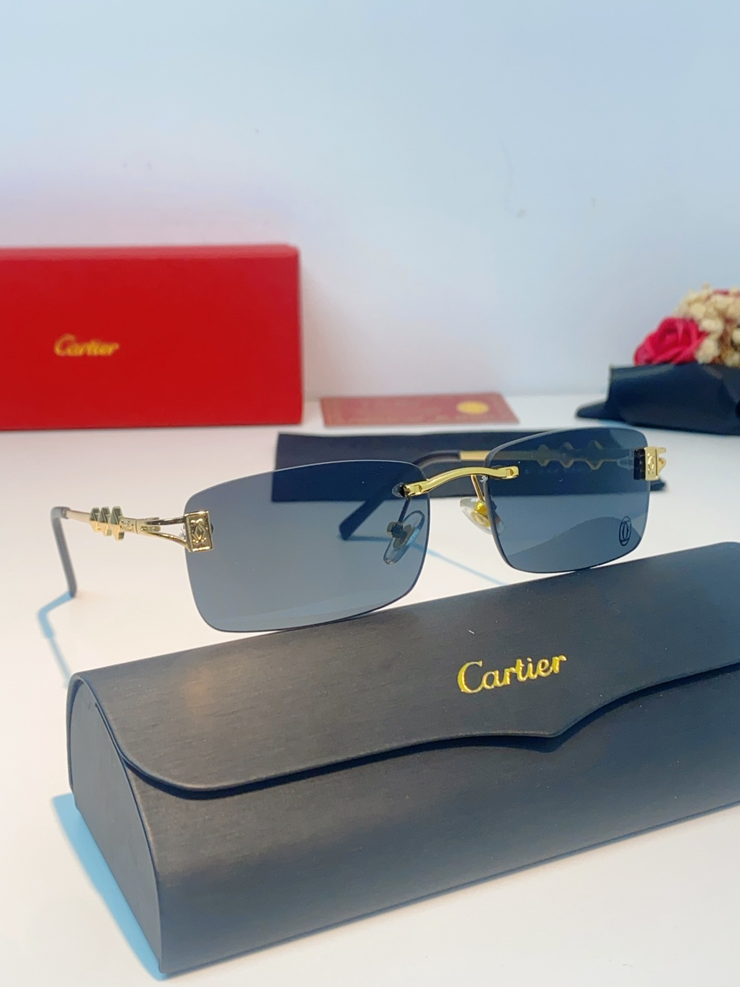 Cartier卡地亚 2026新春款复古简约方形无边框男士大脸墨镜斯文痞帅防紫外线太阳镜女韩版潮 男女通