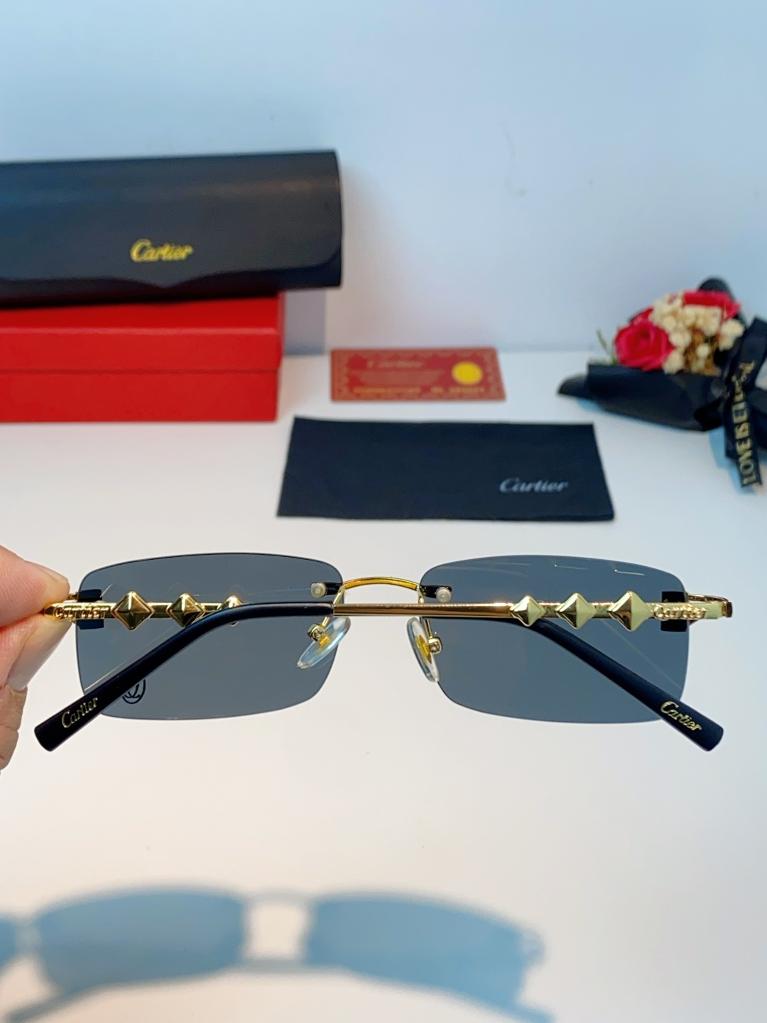 Cartier卡地亚 2026新春款复古简约方形无边框男士大脸墨镜斯文痞帅防紫外线太阳镜女韩版潮 男女通