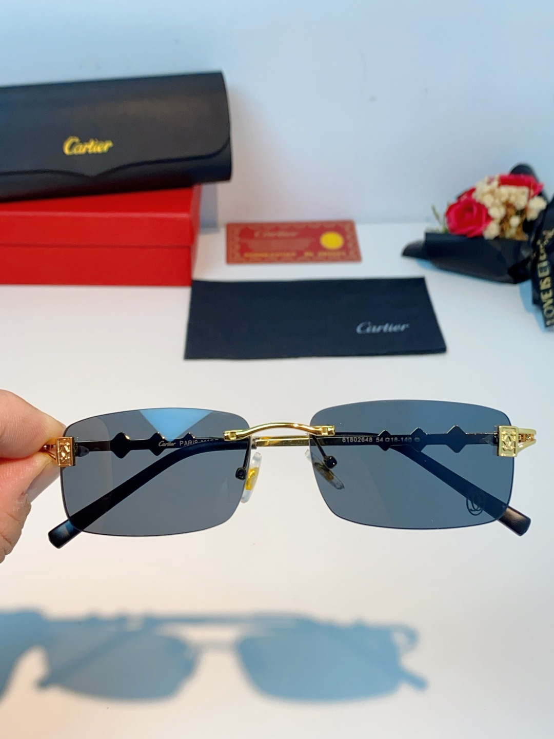Cartier卡地亚 2026新春款复古简约方形无边框男士大脸墨镜斯文痞帅防紫外线太阳镜女韩版潮 男女通