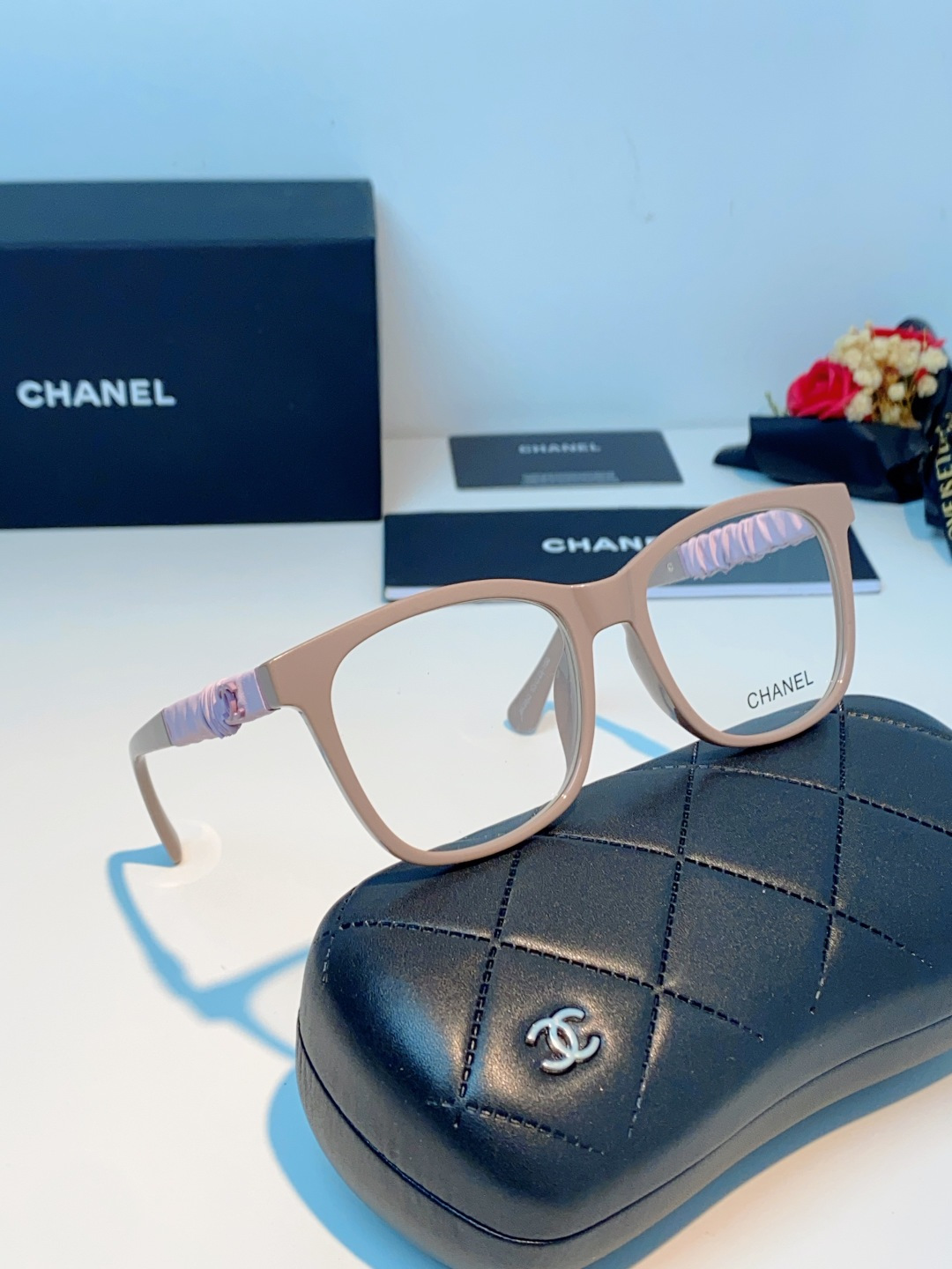 Chanel 香奈儿小红书富家千金高颜值眼镜框女皱褶皮素颜神器香槟咖近视眼镜架女士墨镜光学镜