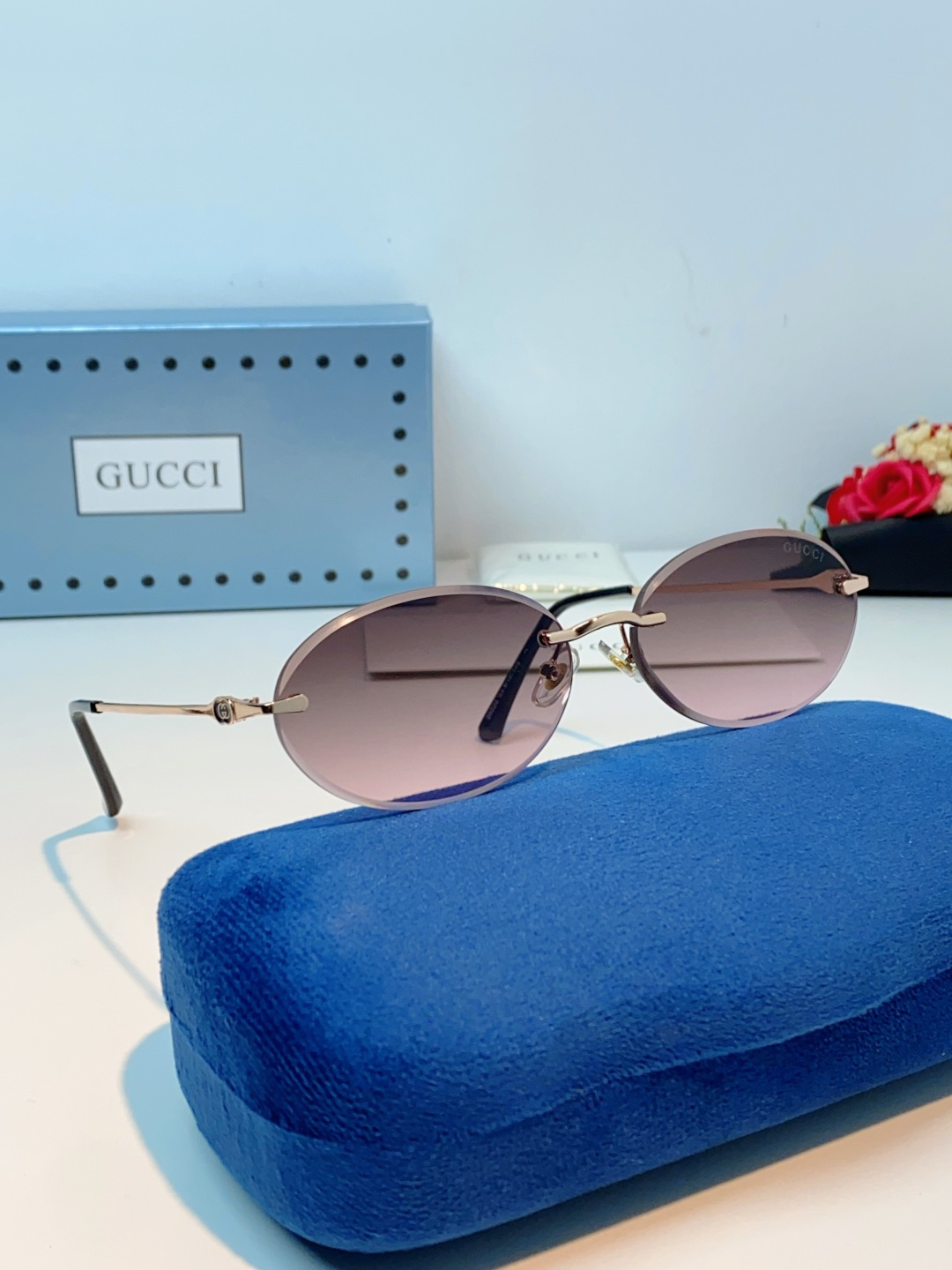 Gucci古奇 2026新款小圆框无框墨镜高级感太阳镜显脸小时尚防紫外线太阳眼镜 男女通用