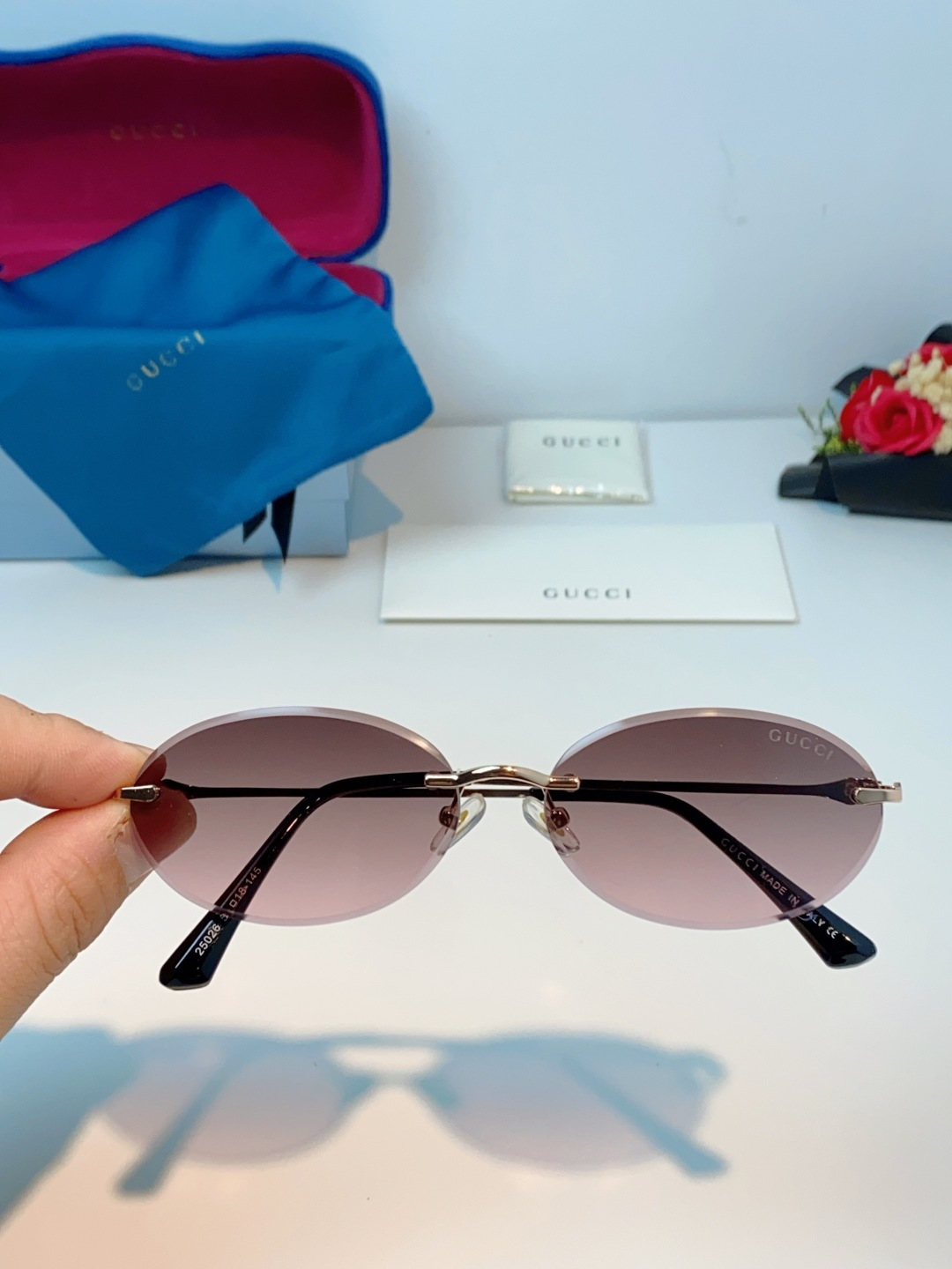 Gucci古奇 2026新款小圆框无框墨镜高级感太阳镜显脸小时尚防紫外线太阳眼镜 男女通用