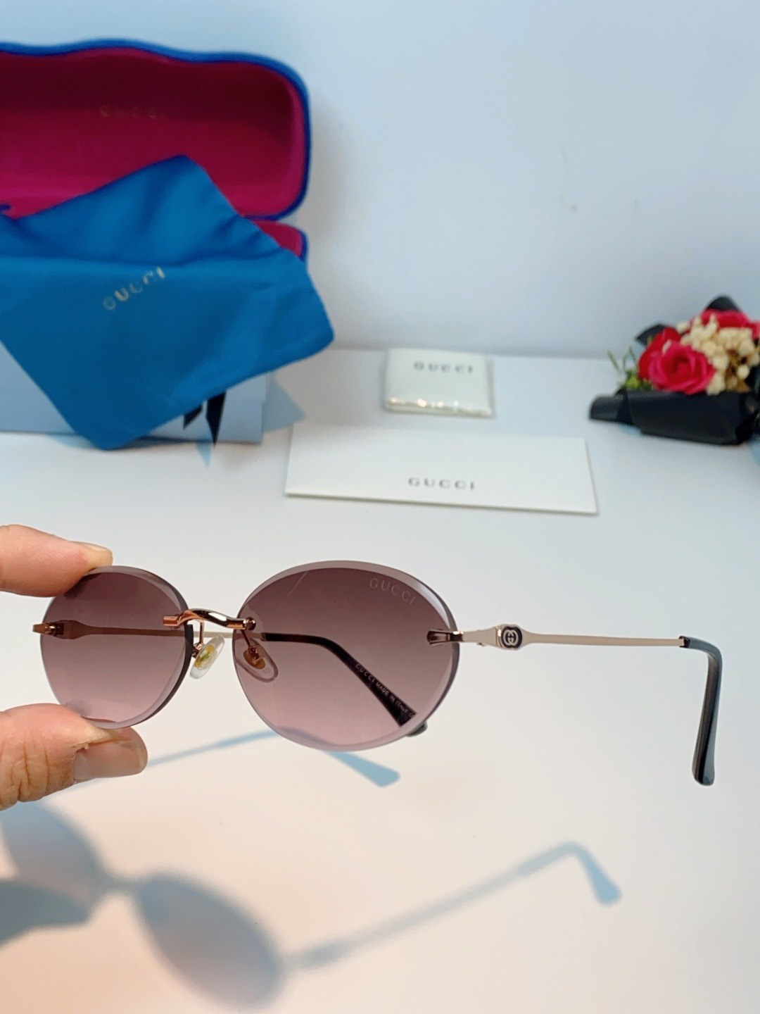 Gucci古奇 2026新款小圆框无框墨镜高级感太阳镜显脸小时尚防紫外线太阳眼镜 男女通用