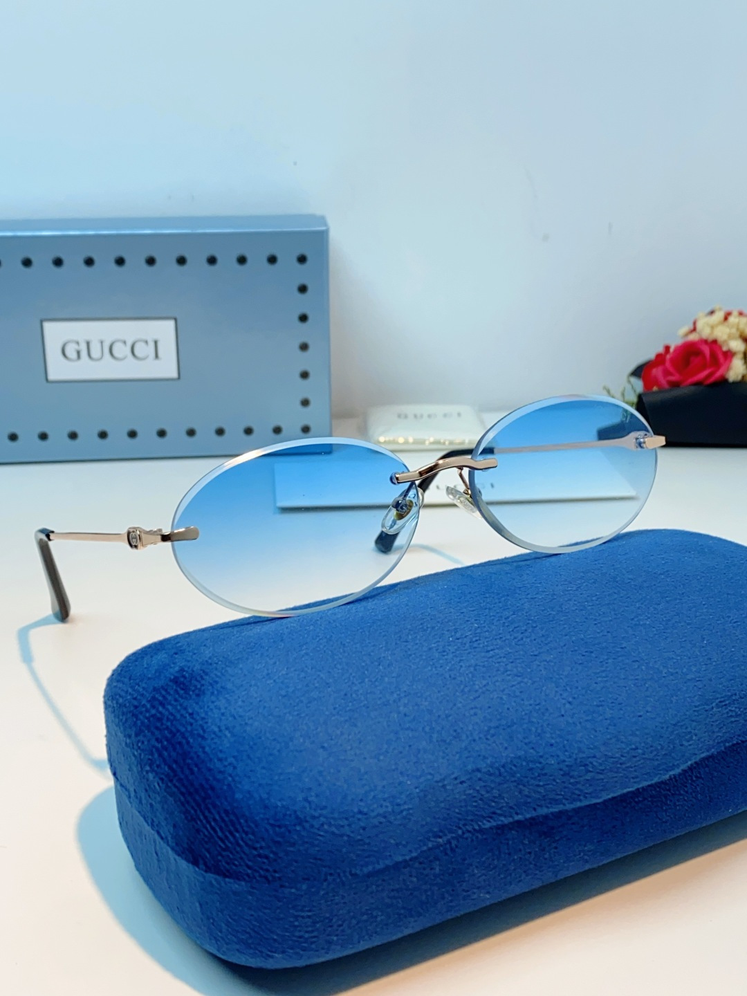 Gucci古奇 2026新款小圆框无框墨镜高级感太阳镜显脸小时尚防紫外线太阳眼镜 男女通用