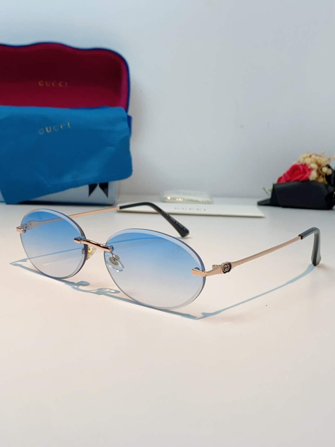 Gucci古奇 2026新款小圆框无框墨镜高级感太阳镜显脸小时尚防紫外线太阳眼镜 男女通用